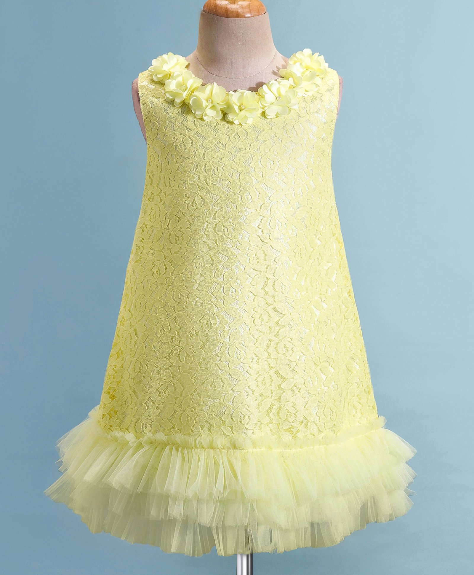 Babyhug Sleeveless A Line  Party Frock with Floral Corsage & Frill Detailing  - Yellow-image-20