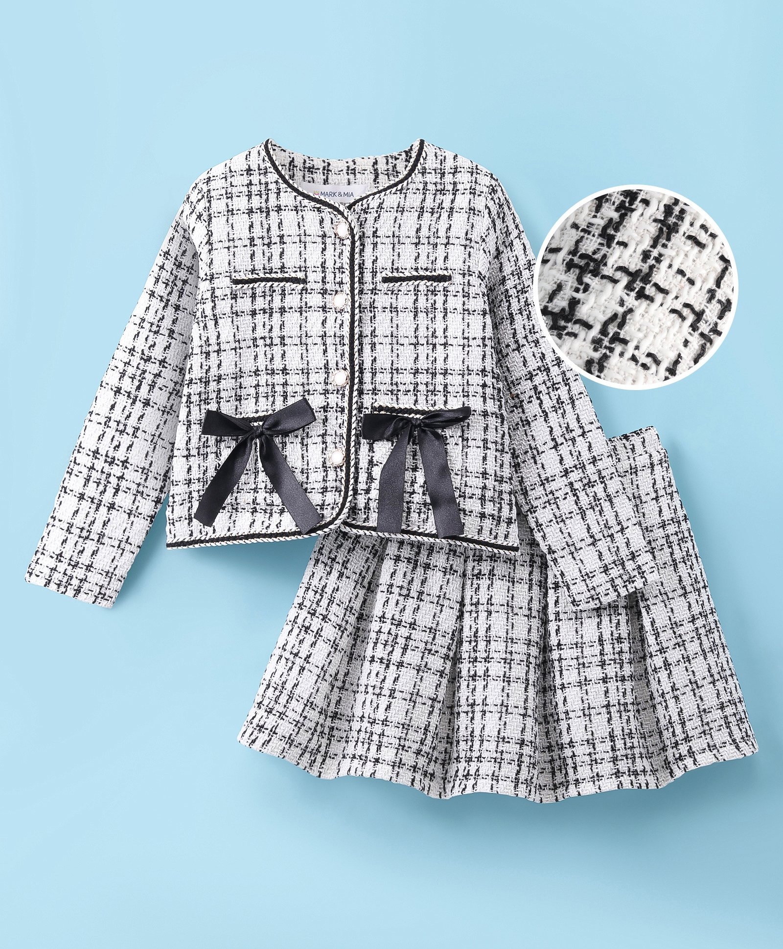 Mark & Mia Full Sleeves Embroidered Top & Pleated Skirt Winter Party Suit with Bow Applique - White-image-3