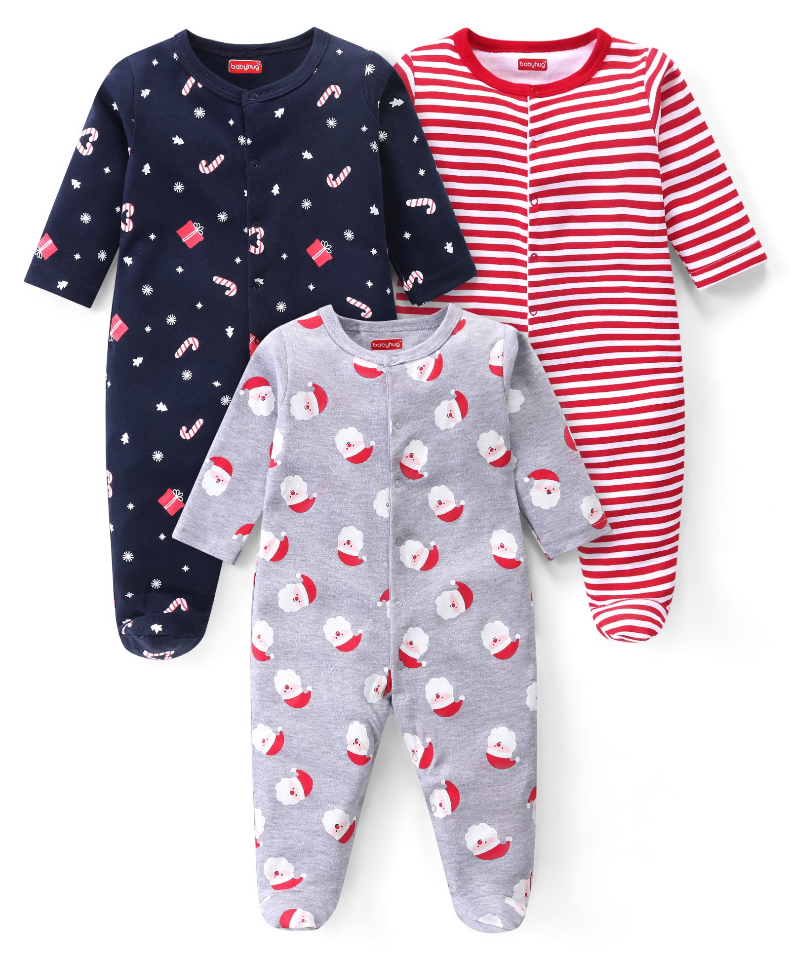 Babyhug Cotton Knit Full Sleeves Sleep Suits With Stripes & Santa Claus Print Pack Of 3 - Red Navy & Light Grey-image-21