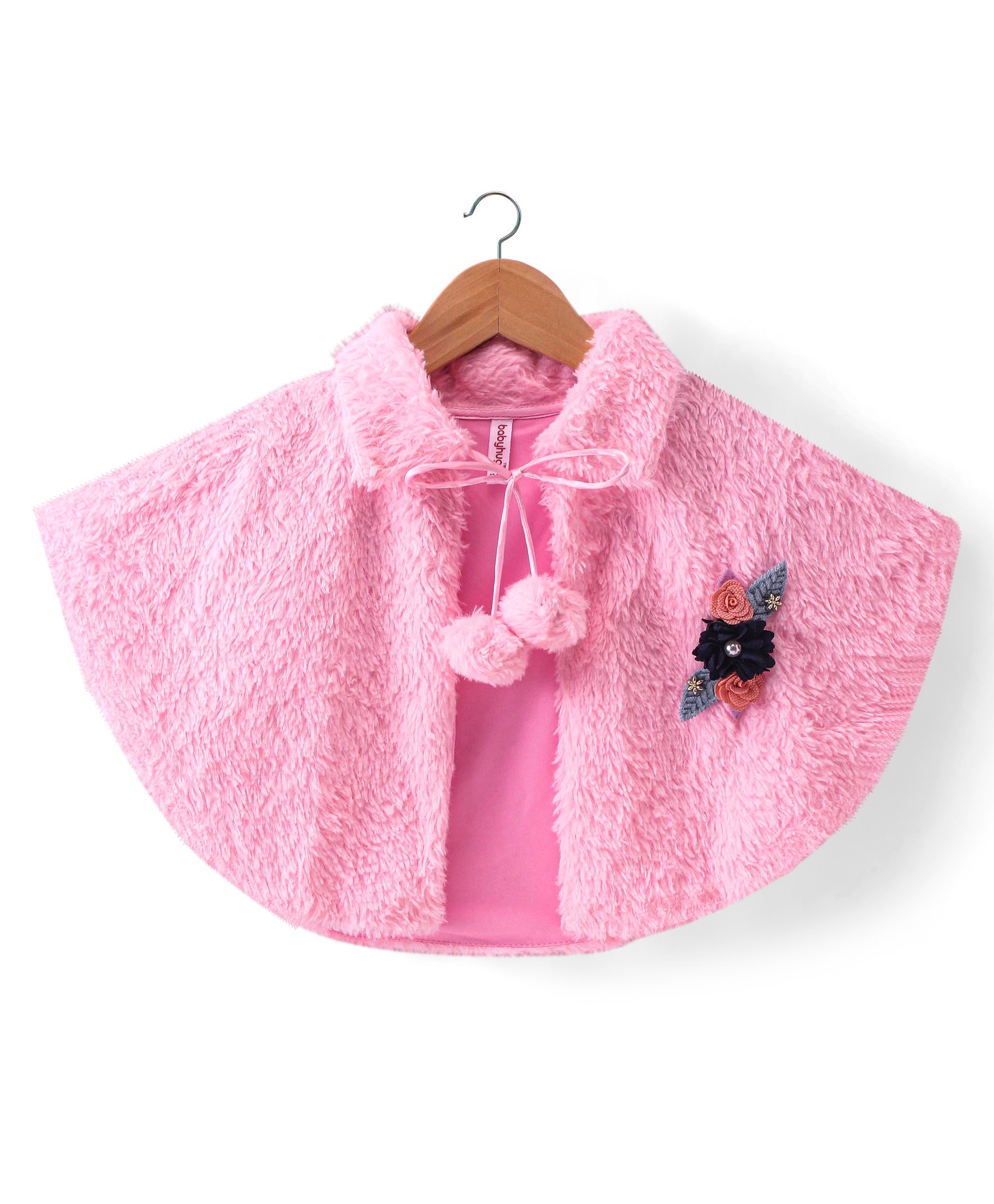 Babyhug Woven Half Sleeves Tie Up Collared  Poncho with Pom Pom Detailing & Floral Applique - Pink-image-2