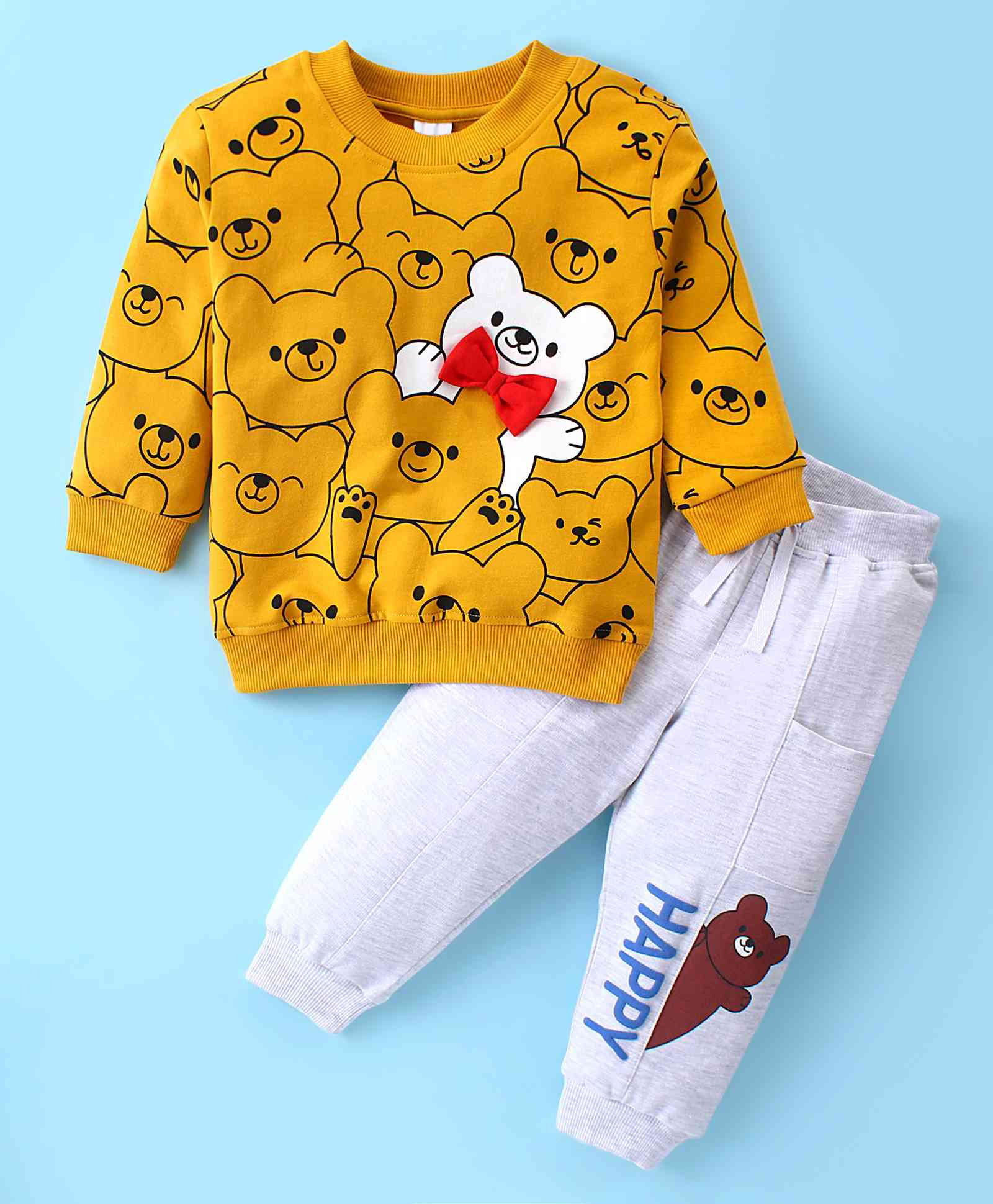 Kookie Kids Cotton Knit Full Sleeves Winter Wear Set With Teddy Print & Bow Detailing - Yellow-image-49
