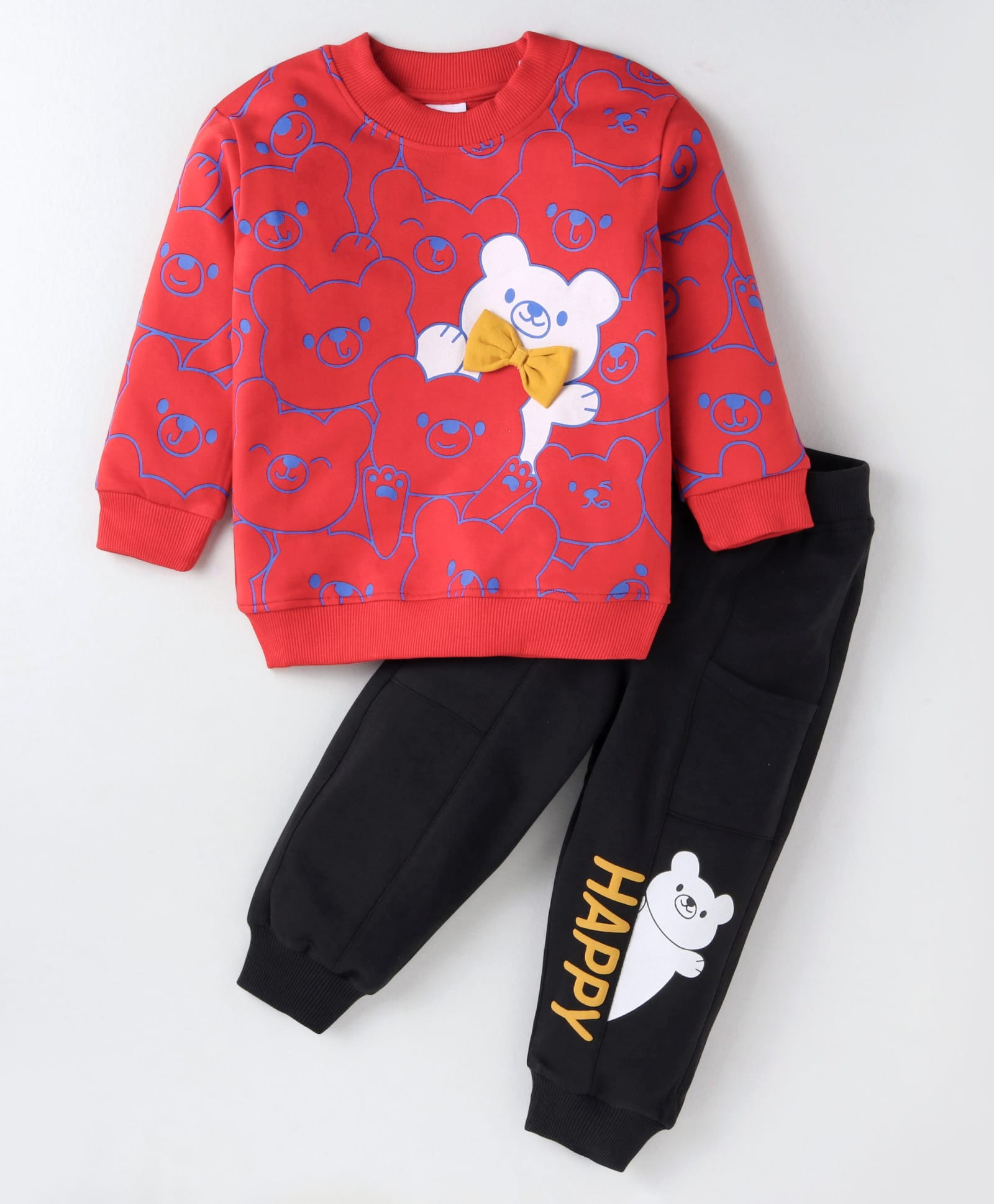 Kookie Kids Full Sleeves Winter Wear Bear Printed Sweatshirt with Bow Detailing & Text Print Lounge Pants Set - Red & Black-picture-17