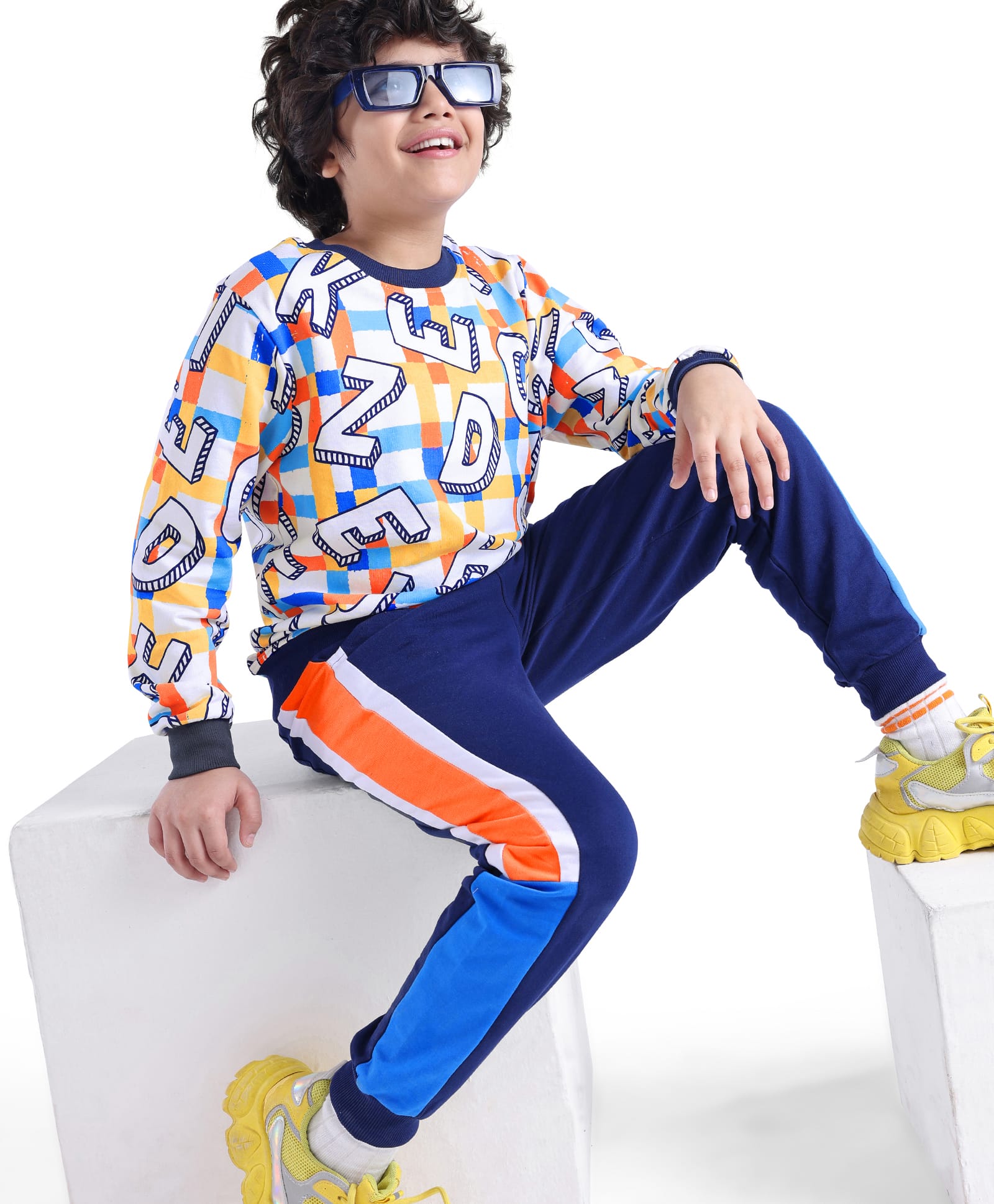 Ollington St. 100% Cotton Knit Full Sleeves Checkered Sweatshirt & Joggers Winter Wear Set With Alphabets Print - Navy-picture-35