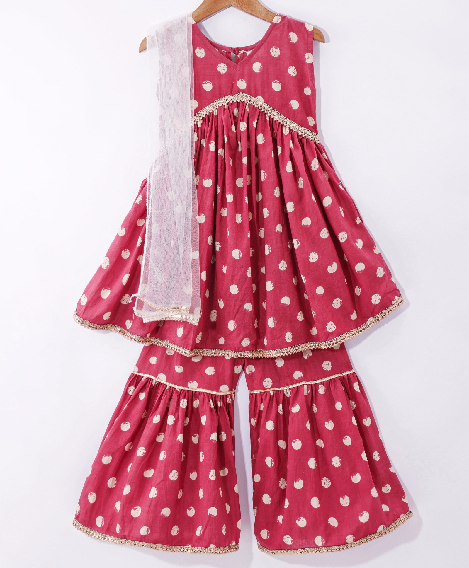 Teentaare Cotton Woven Sleeveless Kurta & Gharara Set with Dupatta Polka Dot Print & lace Detailing - Red-image-13