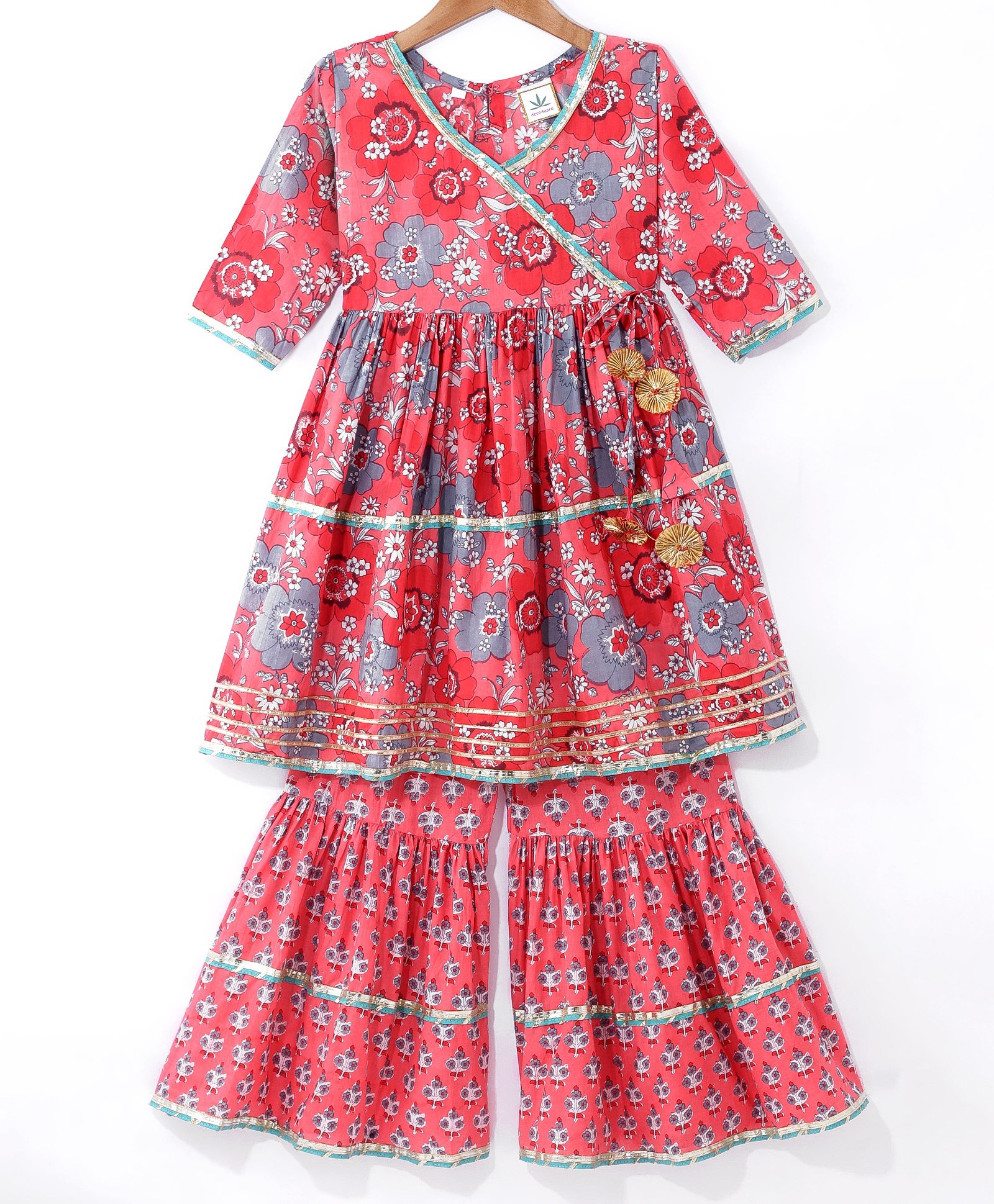 Teentaare Cotton Woven Full Sleeves Floral Printed Kurti & Gharara Set - Peach-picture-21
