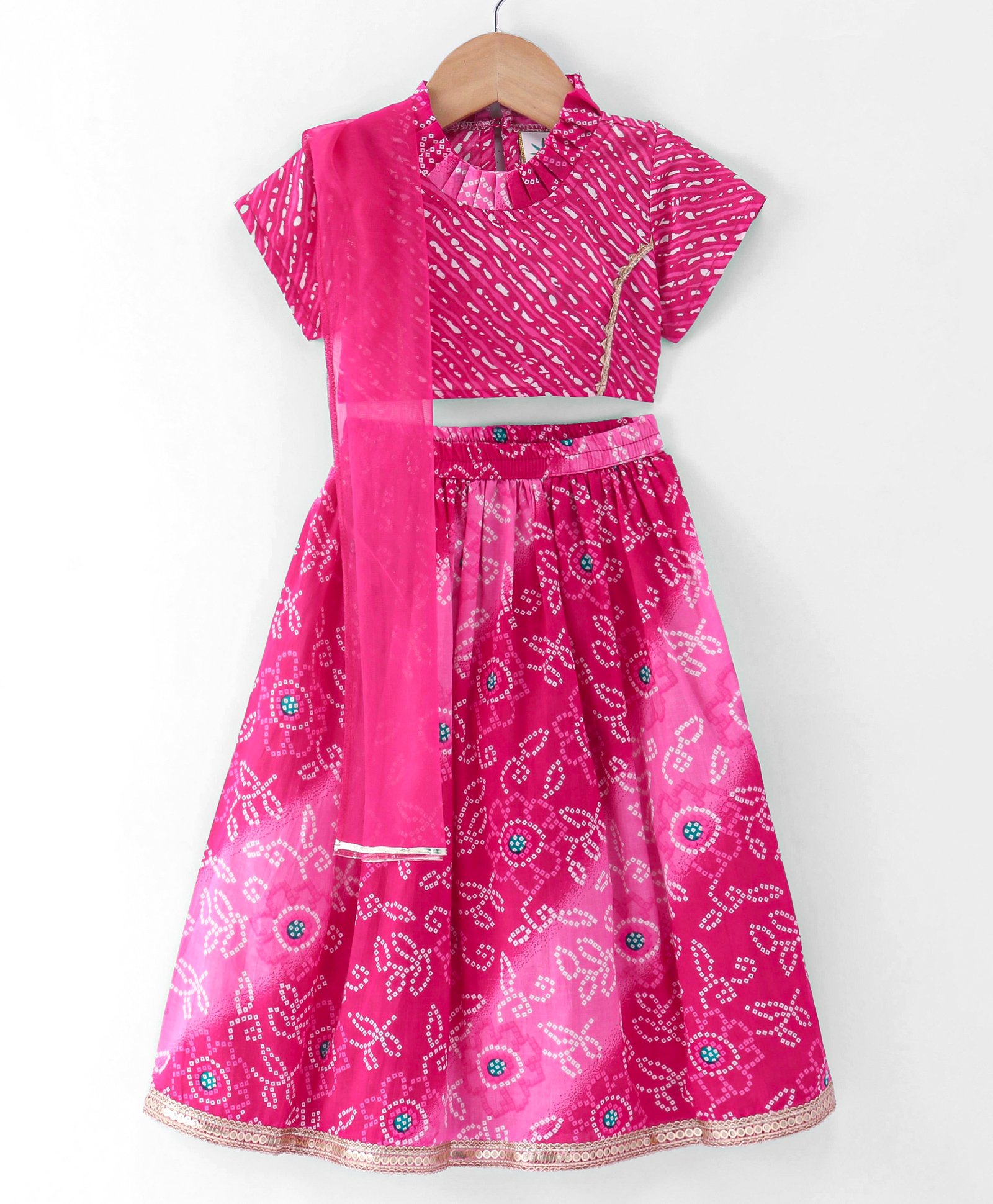 Teentaare Cotton Half Sleeves Choli Lehenga Set with Dupatta Bandhani Print - Pink-picture-16