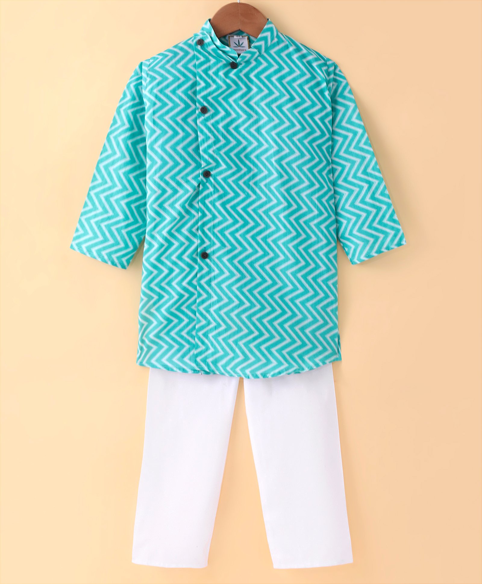 Teentaare Cotton Woven Full Sleeves Chevron Print Kurta & Pajama Set - Turquoise-image-14