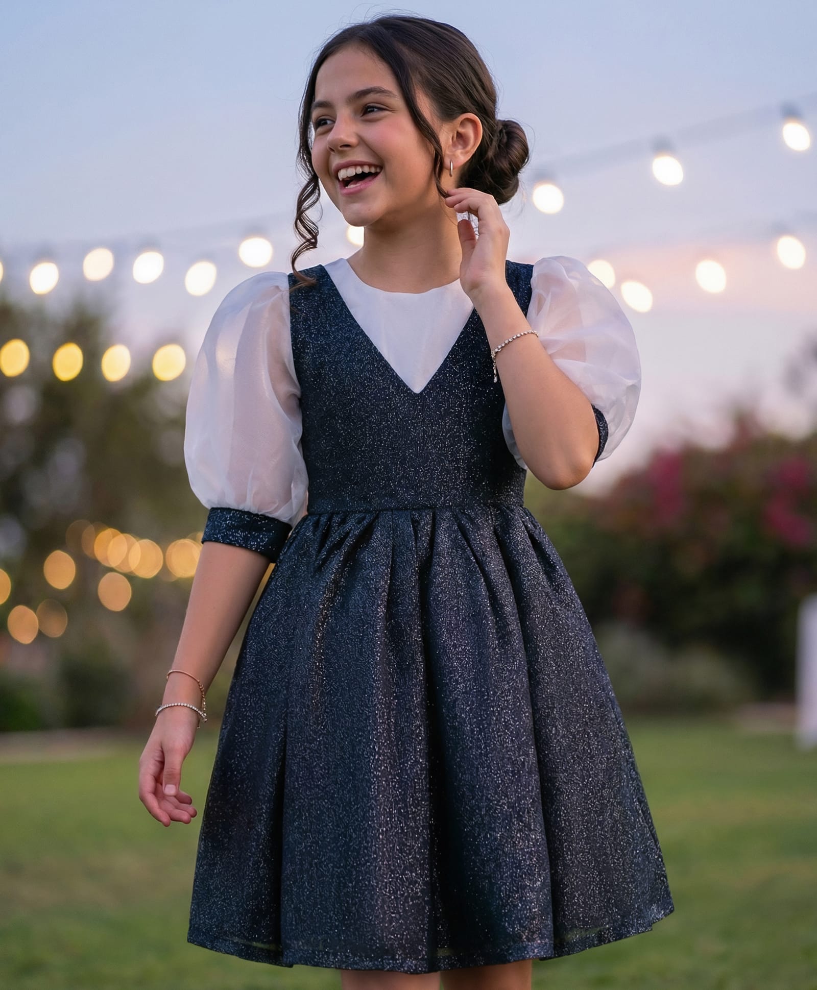 Pine Kids Woven Full Volume Sleeves Shimmer Party Dress - White & Navy Blue-image-47