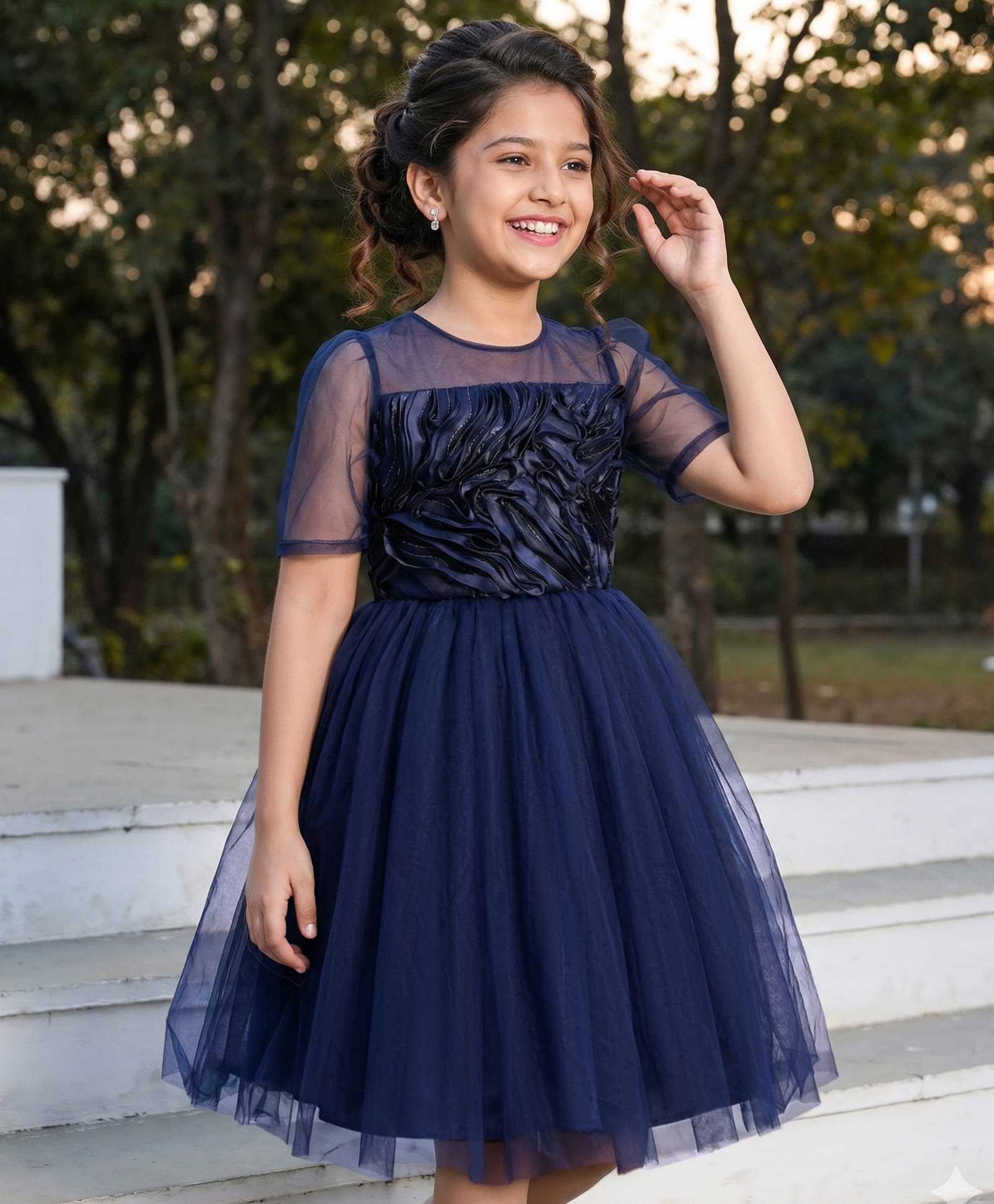 Pine Kids Woven Puffed Sleeves Party Dress - Navy Blue-image-46