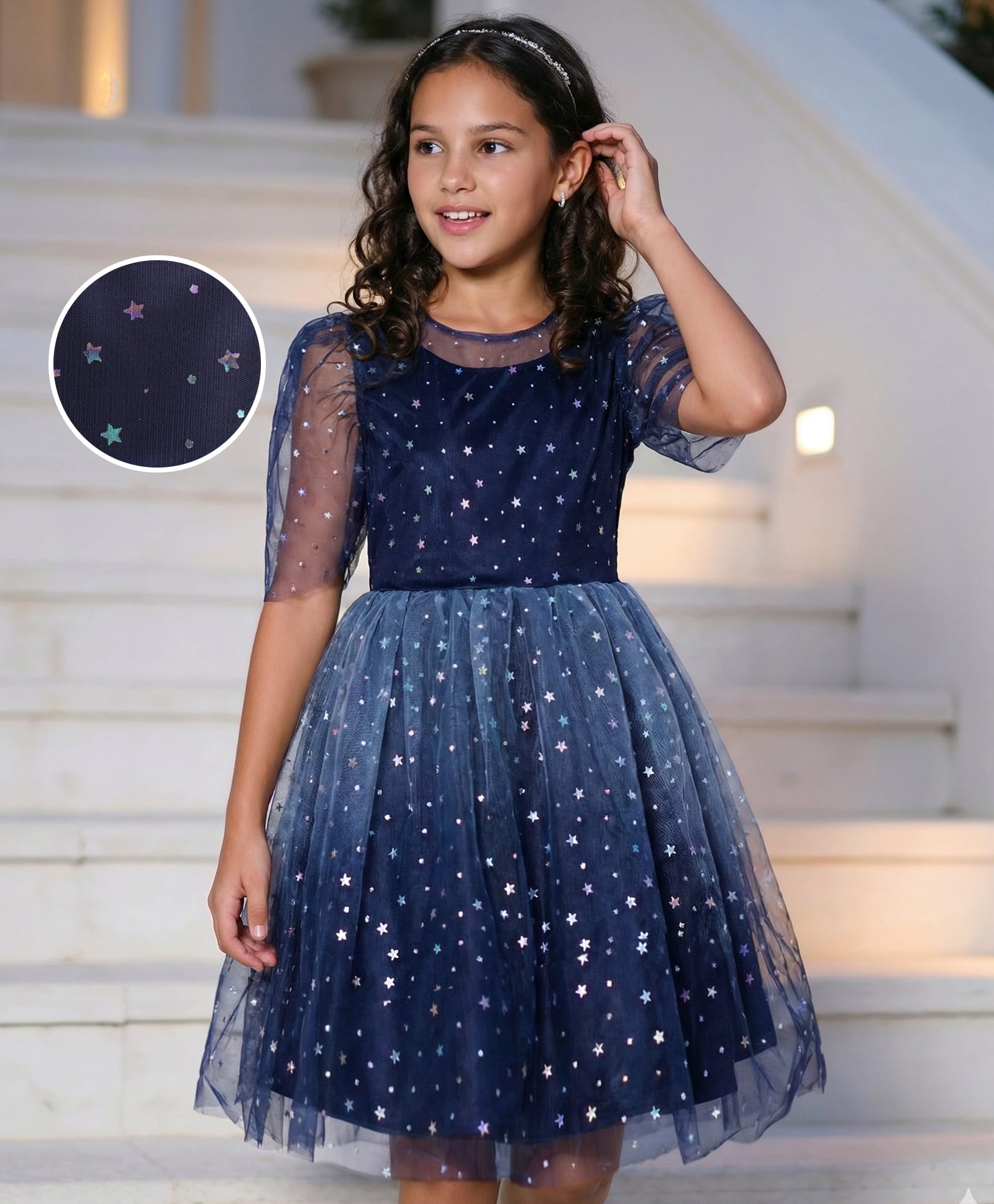 Pine Kids Woven Half Sleeves Party Frock with Star Glitter Print - Navy Blue-picture-14