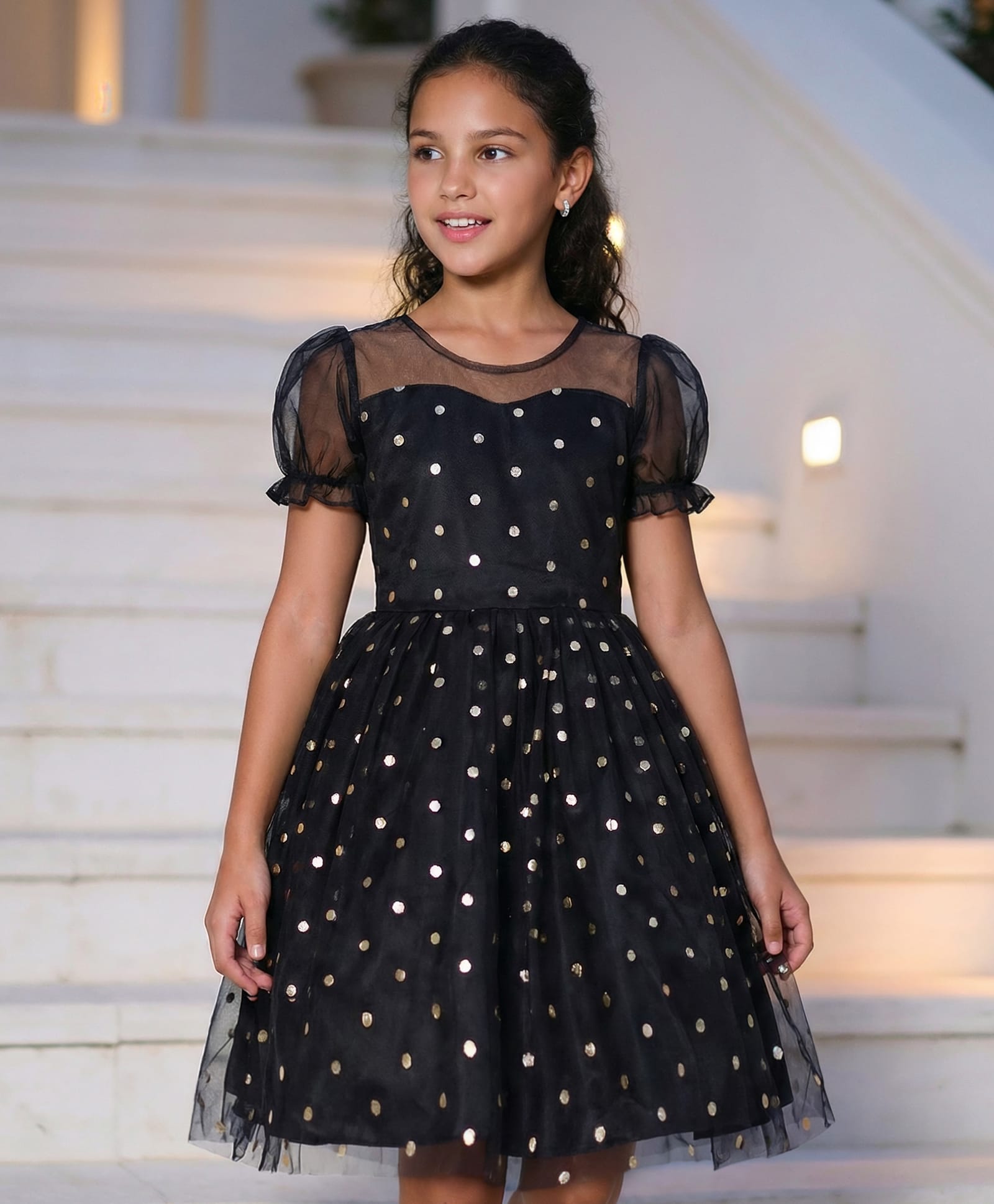 Pine Kids Woven Half Puffed Sleeves Party Frock with Polka Dots Foil Print - Black-image-30
