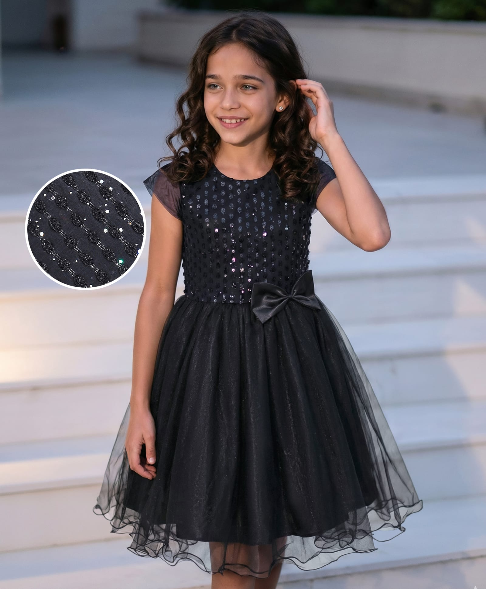 Pine Kids Woven Cap Sleeves Party Frock with Glitter Detailing & Bow Applique - Black-image-38
