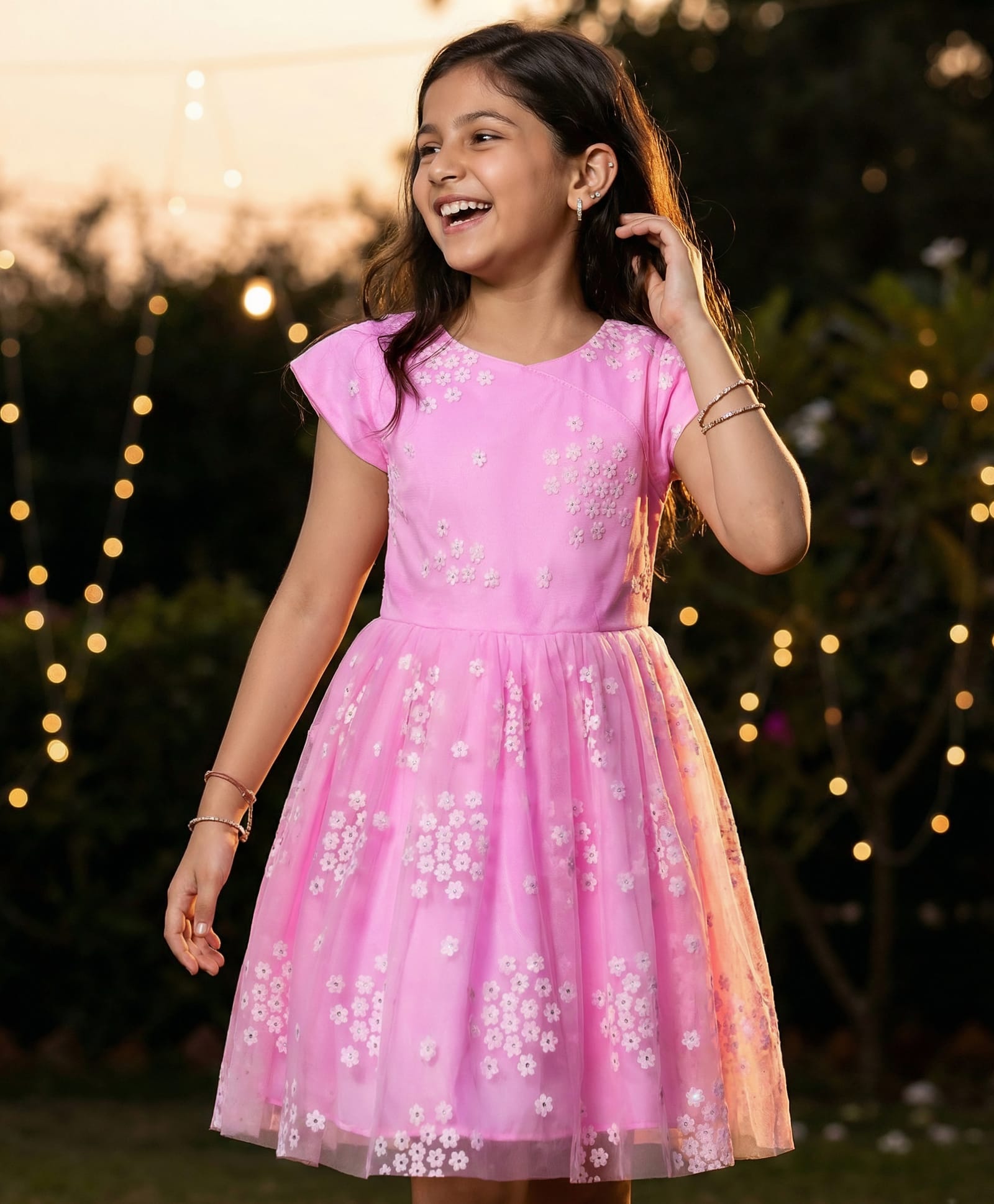 Pine Kids Woven Half Sleeves Floral Embroidered Party Frock - Pink-image-23