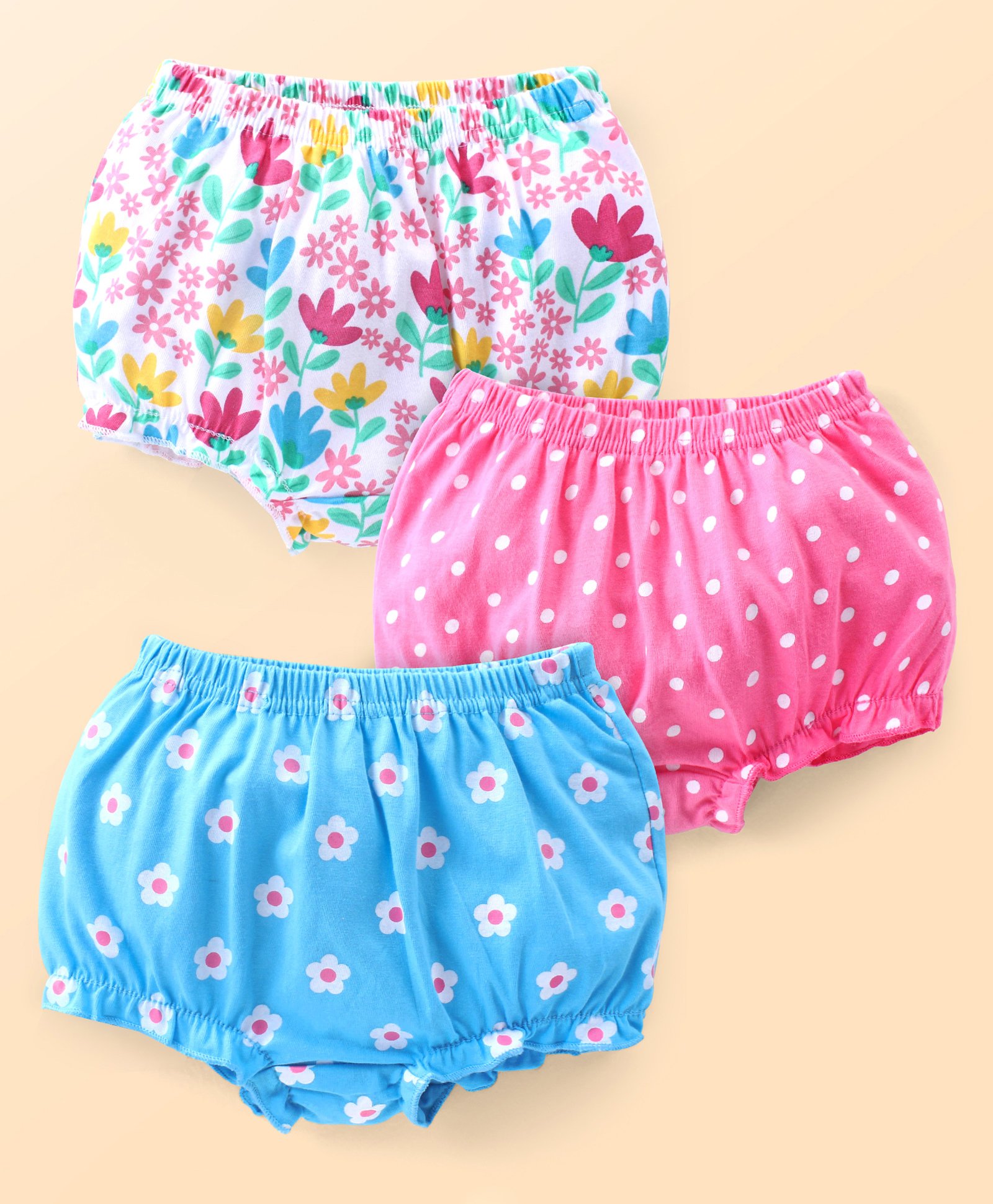 Babyhug 100% Cotton Antibacterial Bloomers With Floral & Polka Dot Print Pack of 3 - Pink & Blue-picture-25