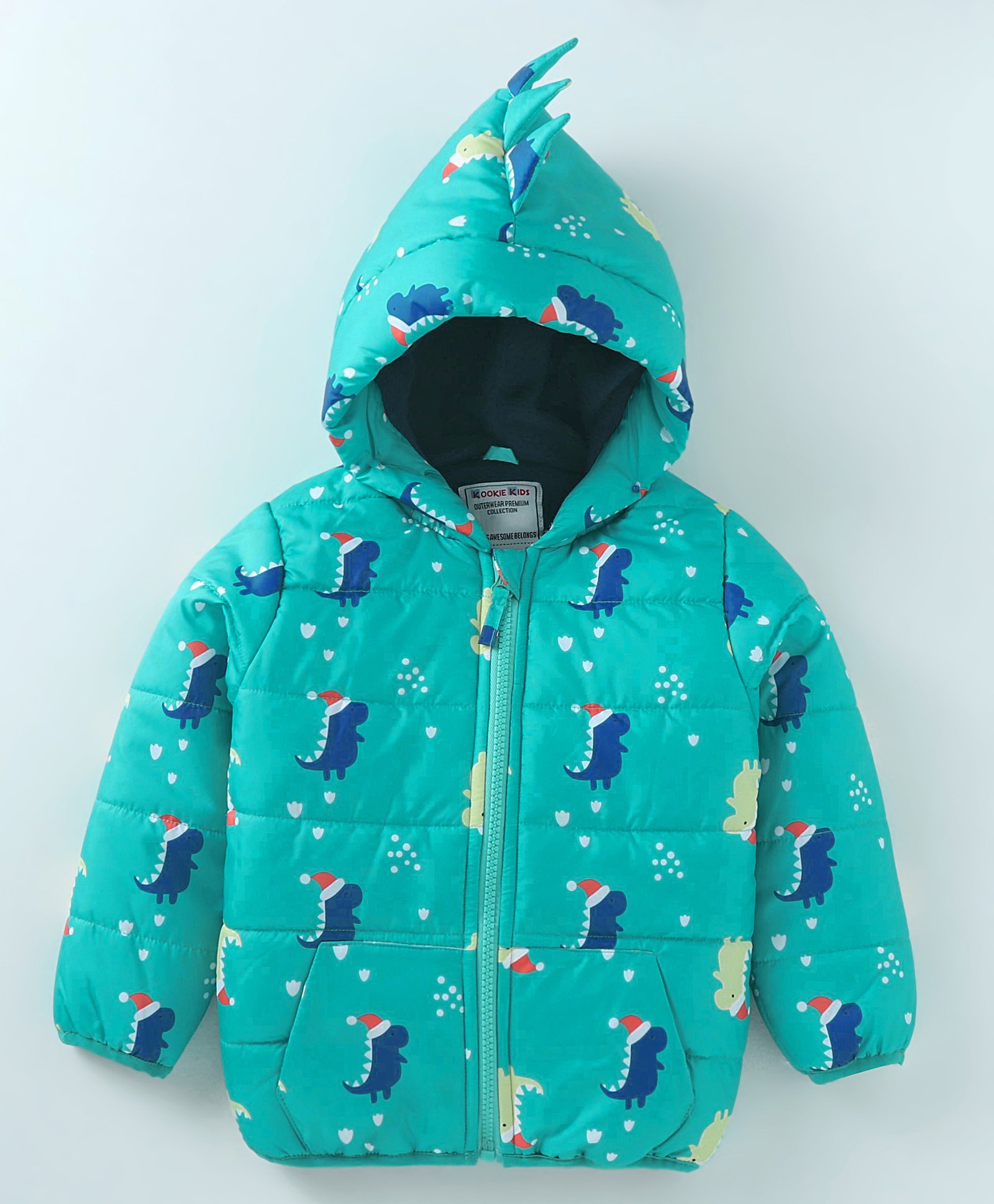 Kookie Kids Woven Full Sleeves Padded Hooded Jacket with Dino Print & Applique - Turquoise-image-7