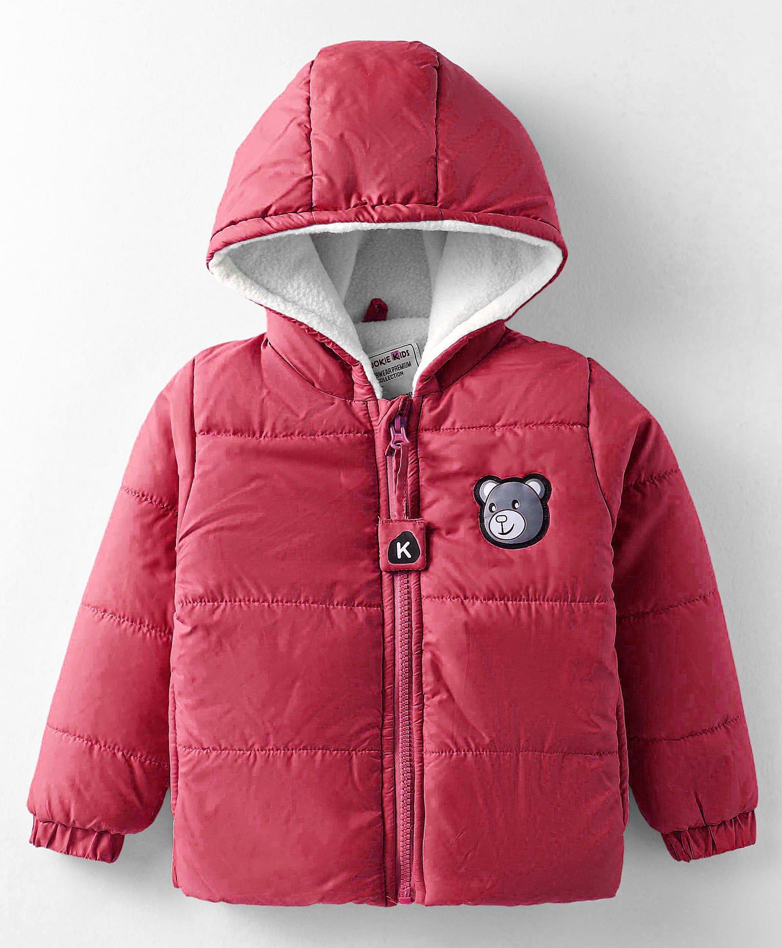 Kookie Kids Woven Full Sleeves Padded Hooded Winter Jacket with Bear Graphics & Pocket Detailing - Red-image-46