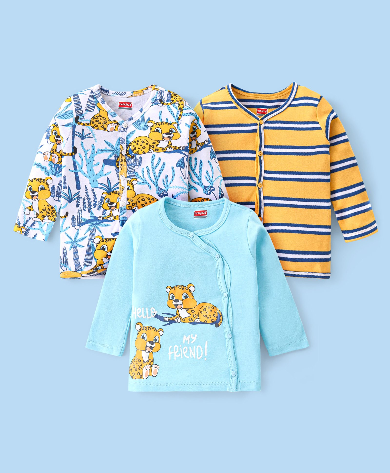 Babyhug 100% Cotton Knit Full Sleeves Antibacterial Striped Front Open Vest Cub Print Pack of 3 - White Yellow & Blue-picture-23