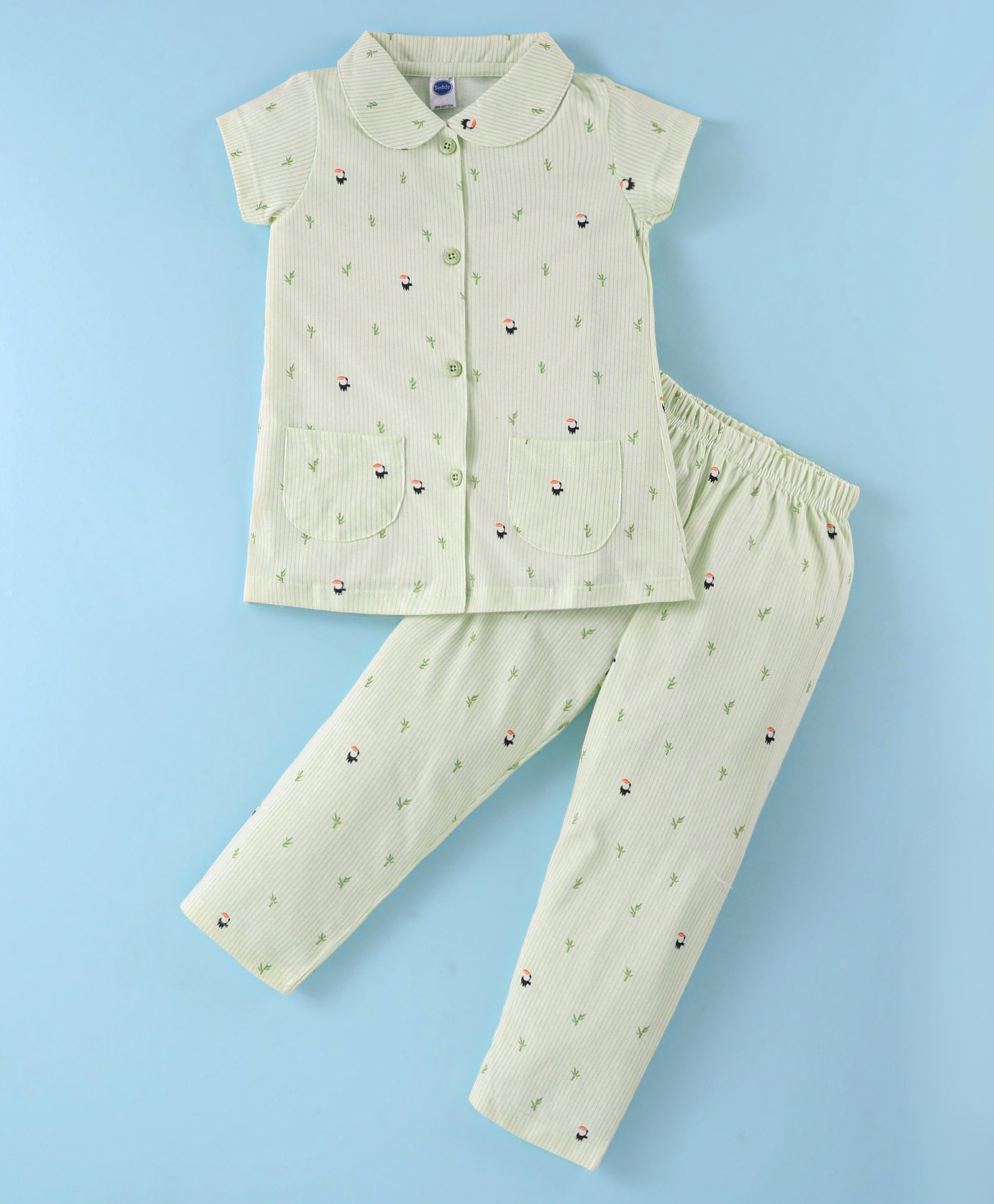 Teddy Sinker Knit Half Sleeves Peter Pan Collar Neck Night Suit with Bird Print - Blue-picture-22