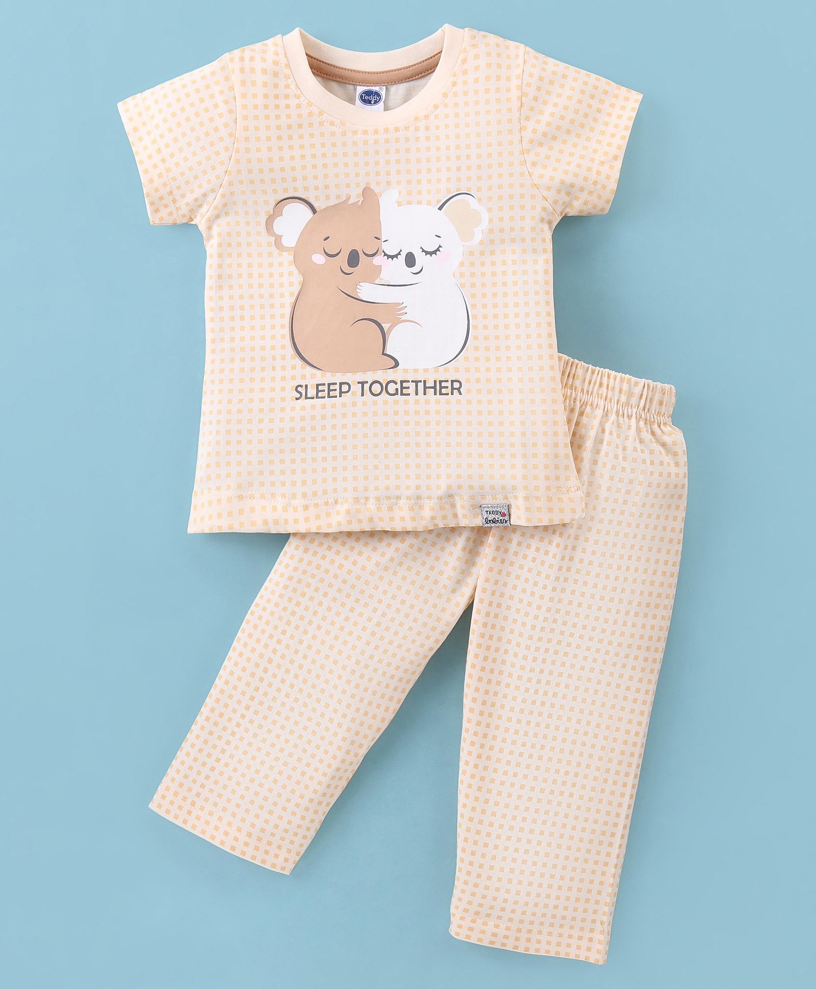 Teddy Sinker Knit  Half Sleeves Night Suit with Koala Bear Print - Beige-picture-21