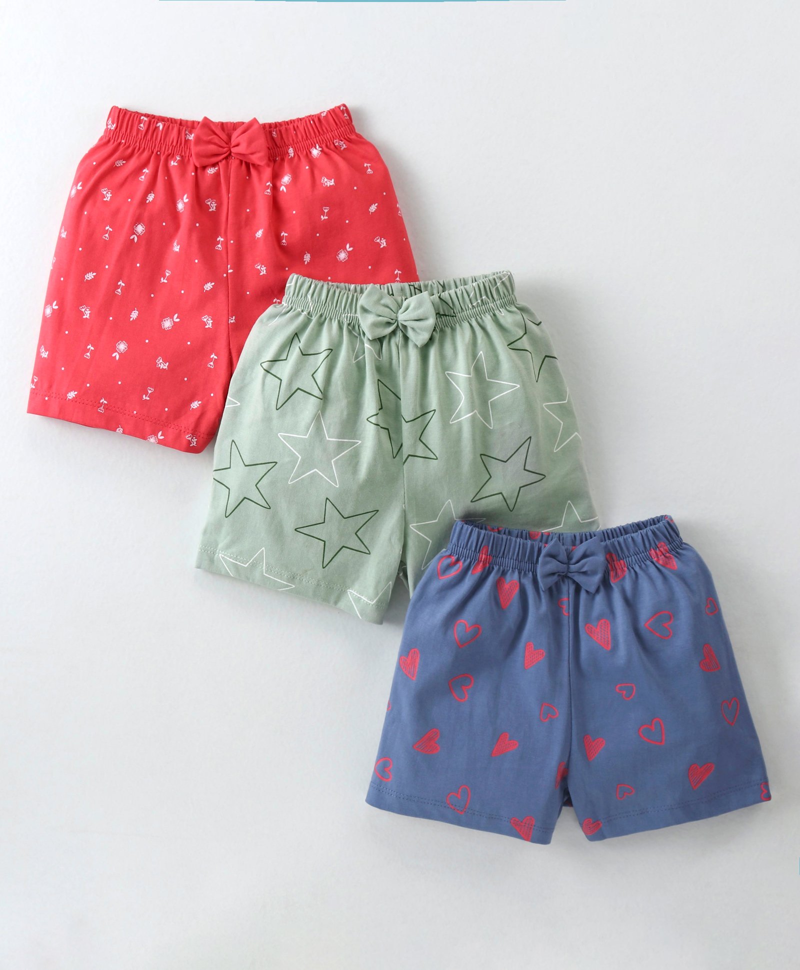 Teddy Sinker Knit  Above Knee Length Shorts Star & Hearts Print with Bow Applique Pack of 3 - Multicolour-picture-16