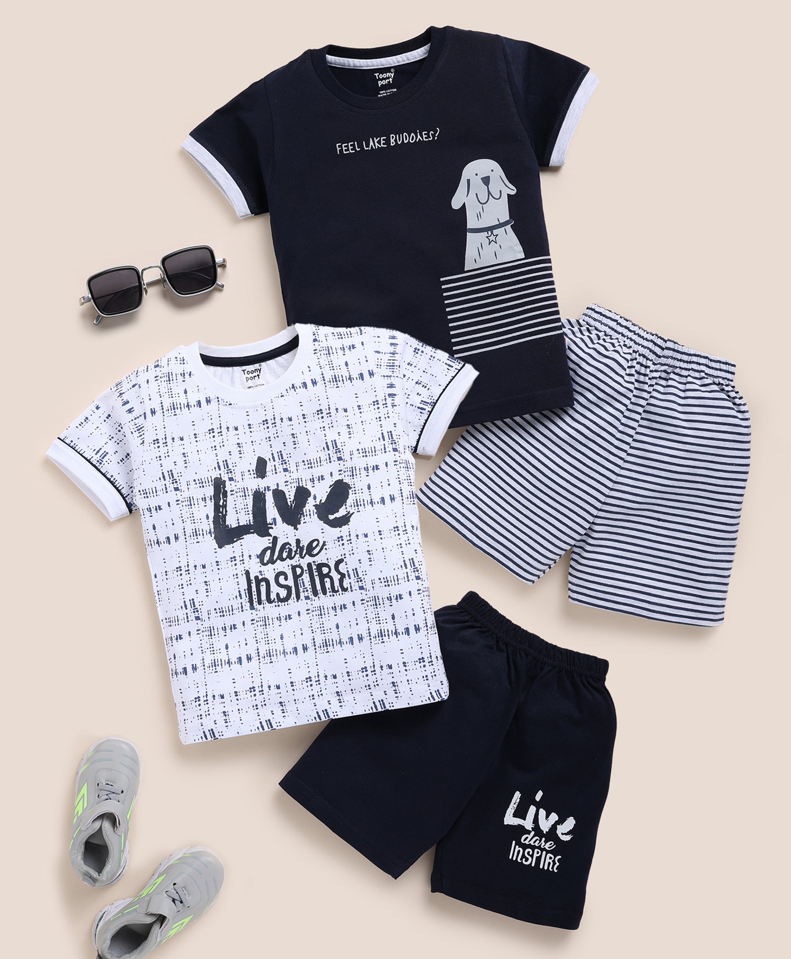 TOONYPORT Cotton Pack Of 2 Half Sleeves LIve Dare Inspire Text & Puppy Printed Tees With Shorts - White & Black-image-45