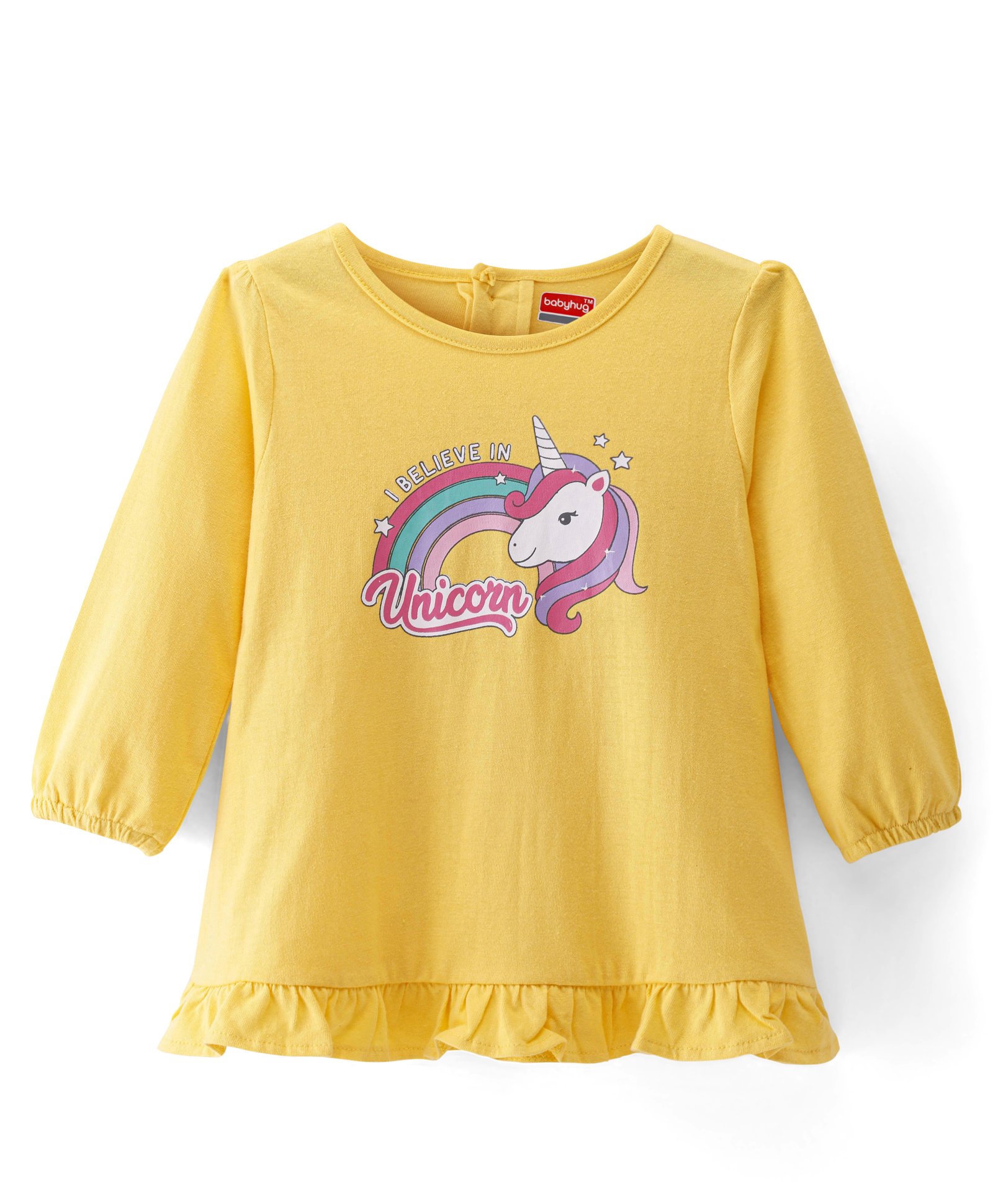 Babyhug Cotton Knit Full Sleeves Nighty With Unicorn Print - Yellow-picture-22