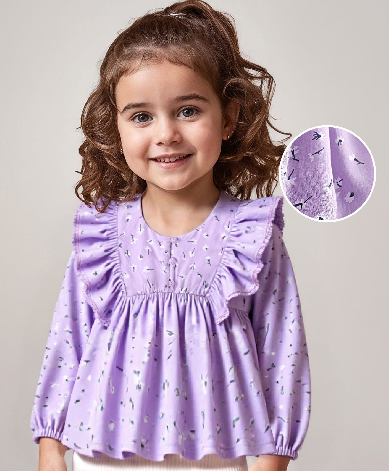Babyhug Rayon Knit Full Sleeves Top with Floral Print & Frill Detailing - Purple-picture-23