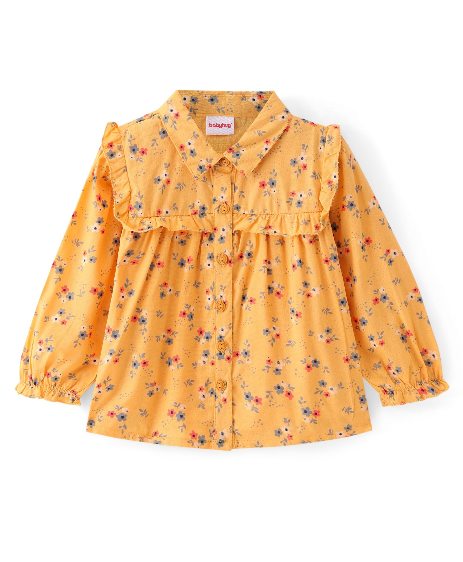 Babyhug Rayon Knit  Full Peasant Sleeves Collared  Top with  Floral Print - Yellow-image-10