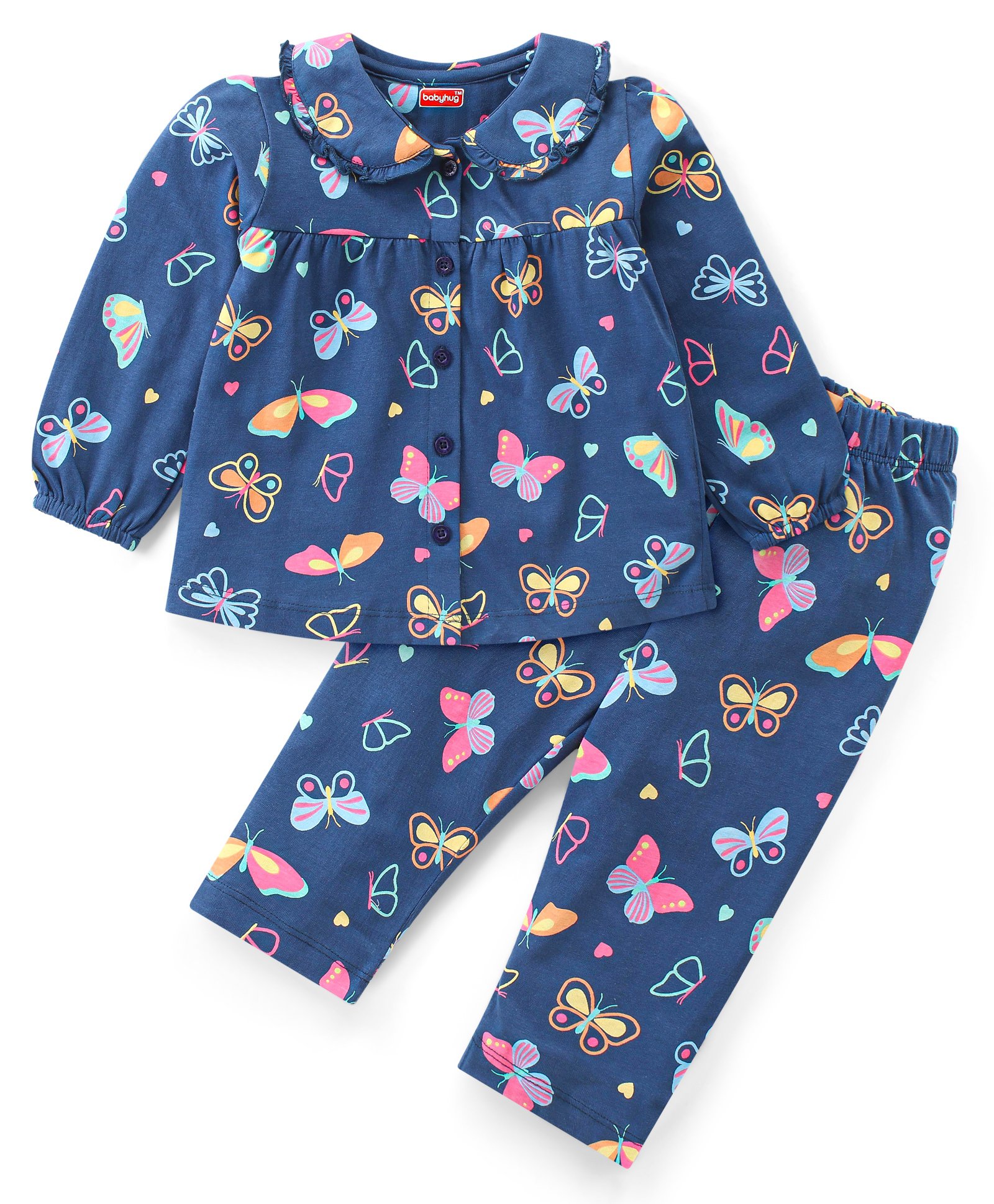 Babyhug Cotton Knit Full Sleeves Front Open Night Suit with Peter Pan Collar & Butterfly Print - Navy Blue-image-9