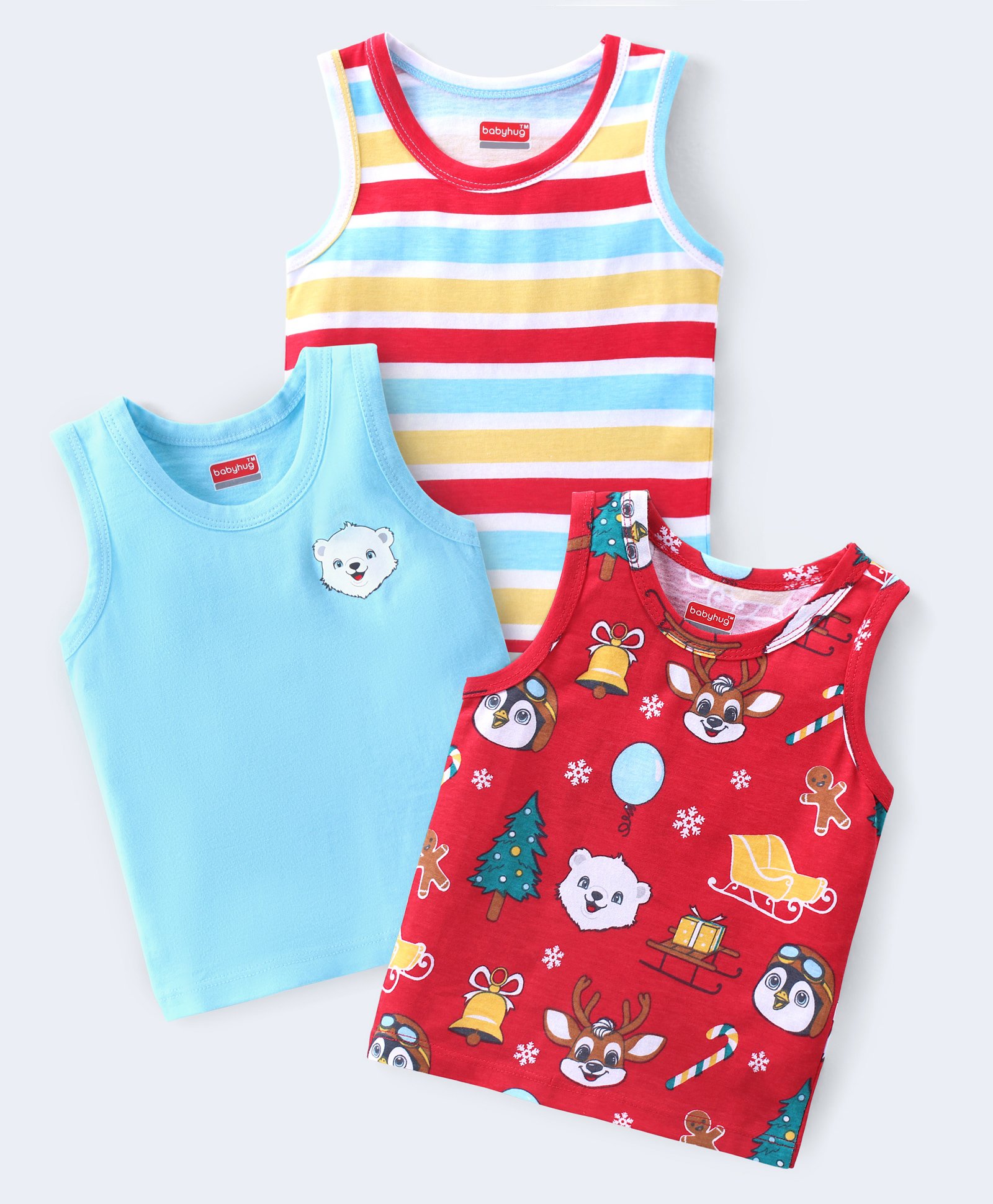 Babyhug 100% Cotton Single Jersey Knit Sleeveless Antibacterial Sandos with Stripes & Animals Print Pack of 3 - Red & Blue-image-42