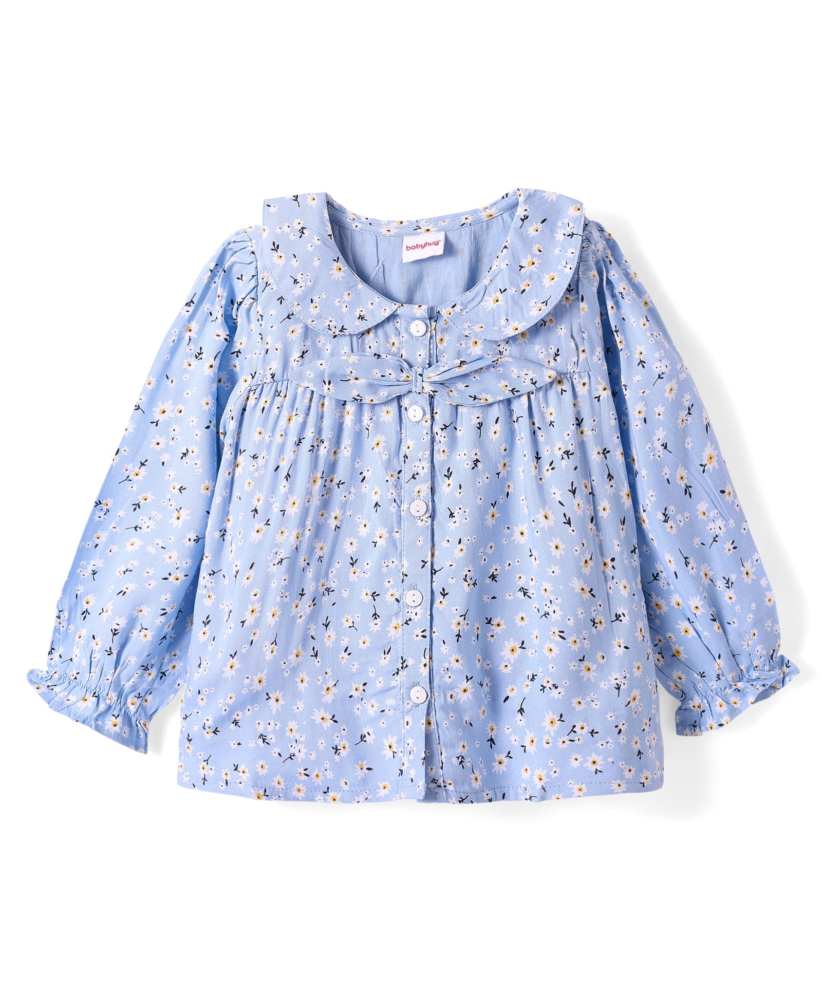 Babyhug Rayon Full Peasant Sleeves Peter Pan Collar Top with Floral Print & Bow Detailing - Light Blue-image-32