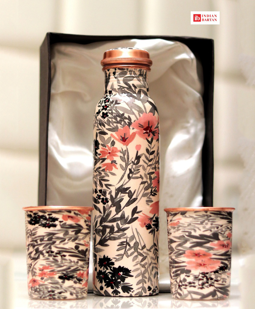 Indian Bartan Flower printed copper bottle set with Gift box-image-28