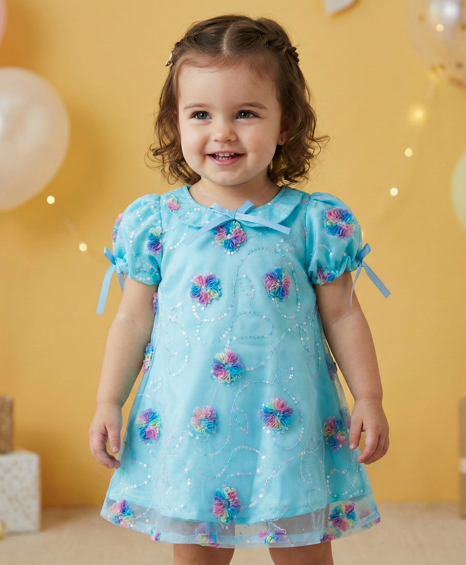 Babyoye WovenHalf Puffed Sleeves Floral & Sequin Embroidered Party Dress - Sky Blue-image-5