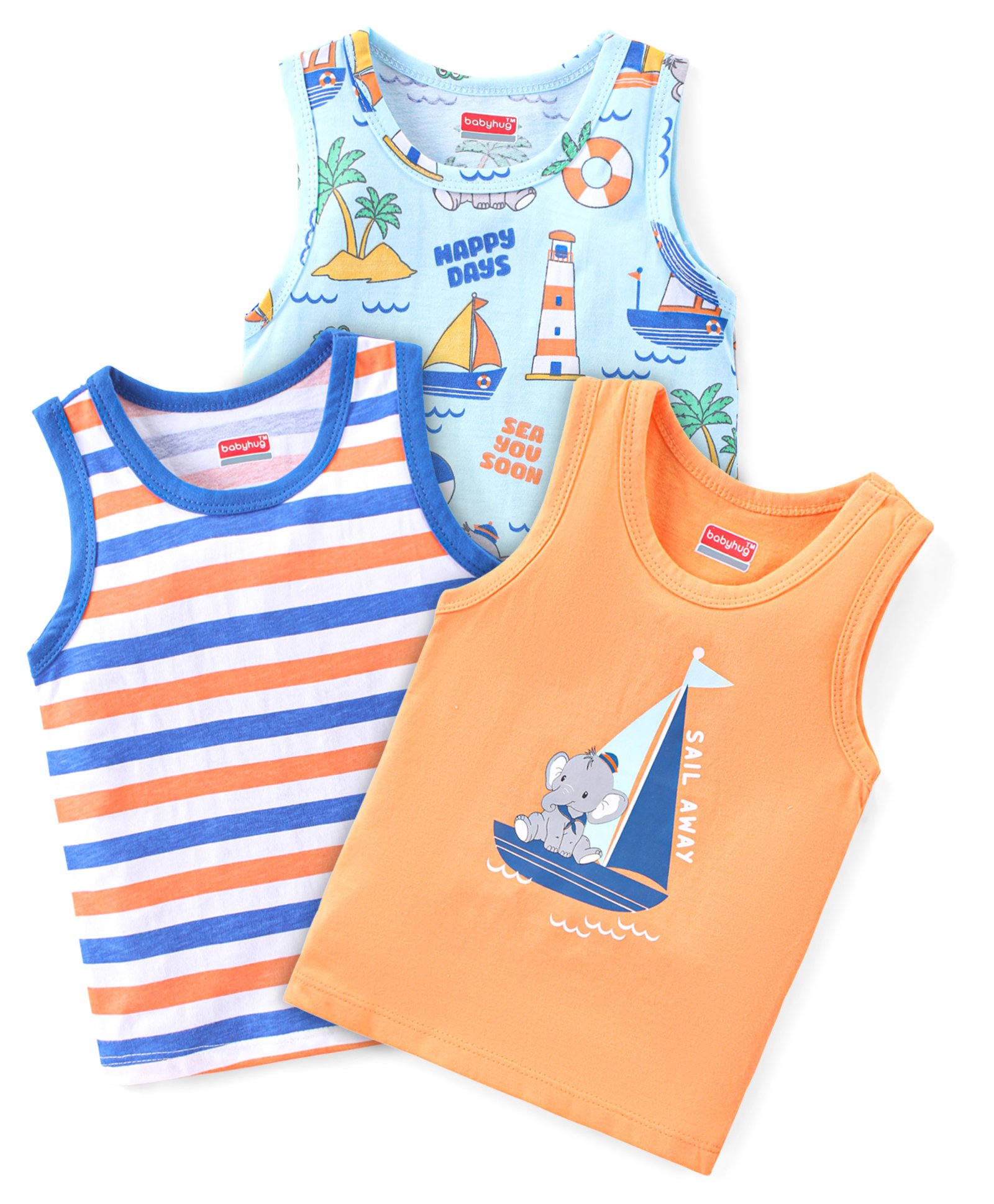 Babyhug 100% Cotton Sleeveless Antibacterial Vests Striped & Boat Print  Pack of 3 - Orange & Navy Blue-image-48