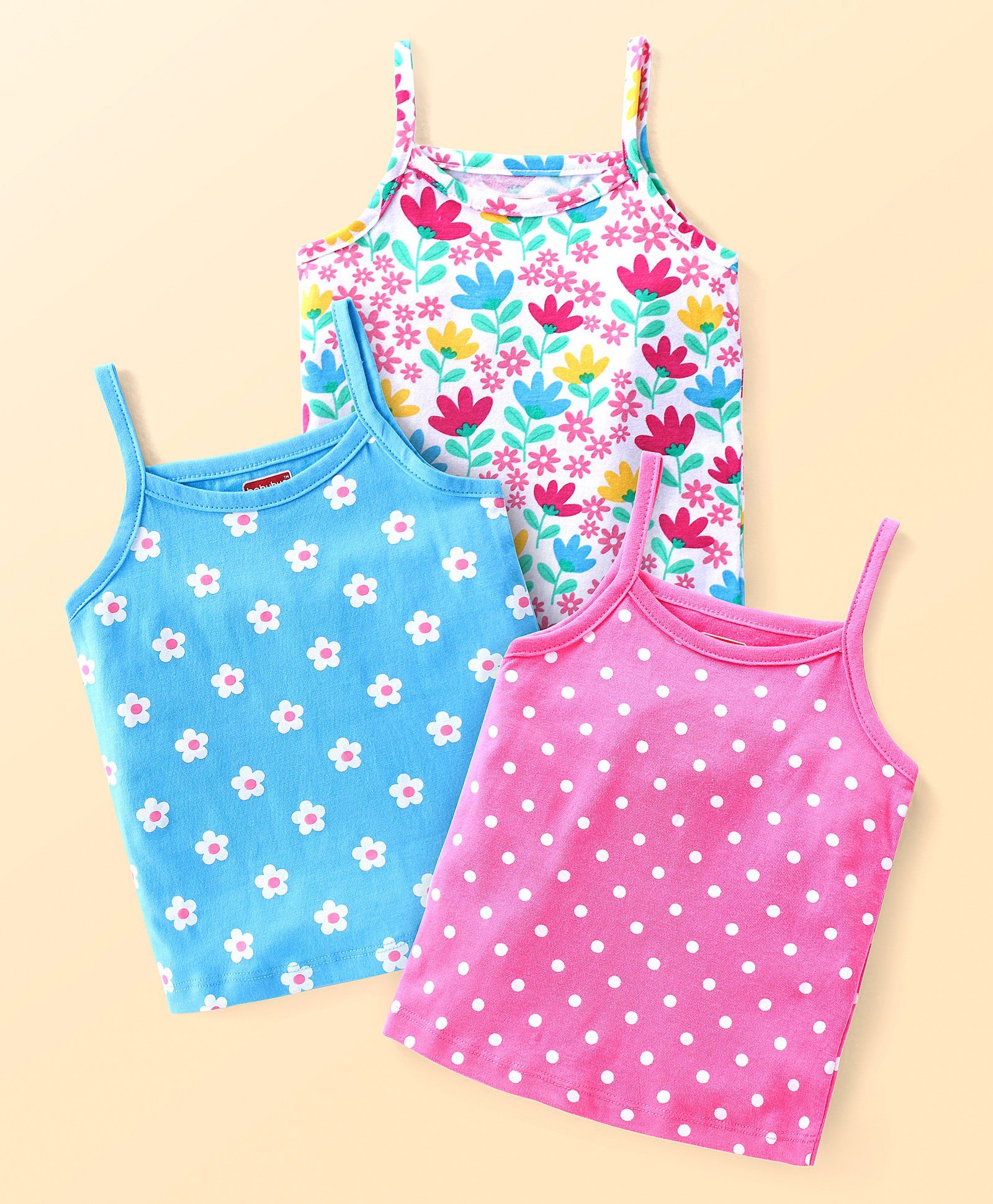 Babyhug 100% Cotton Knit Singlet Sleeves Antibacterial Slips With Polka Dots & Floral Print Pack of 3 - Blue & Pink-image-41
