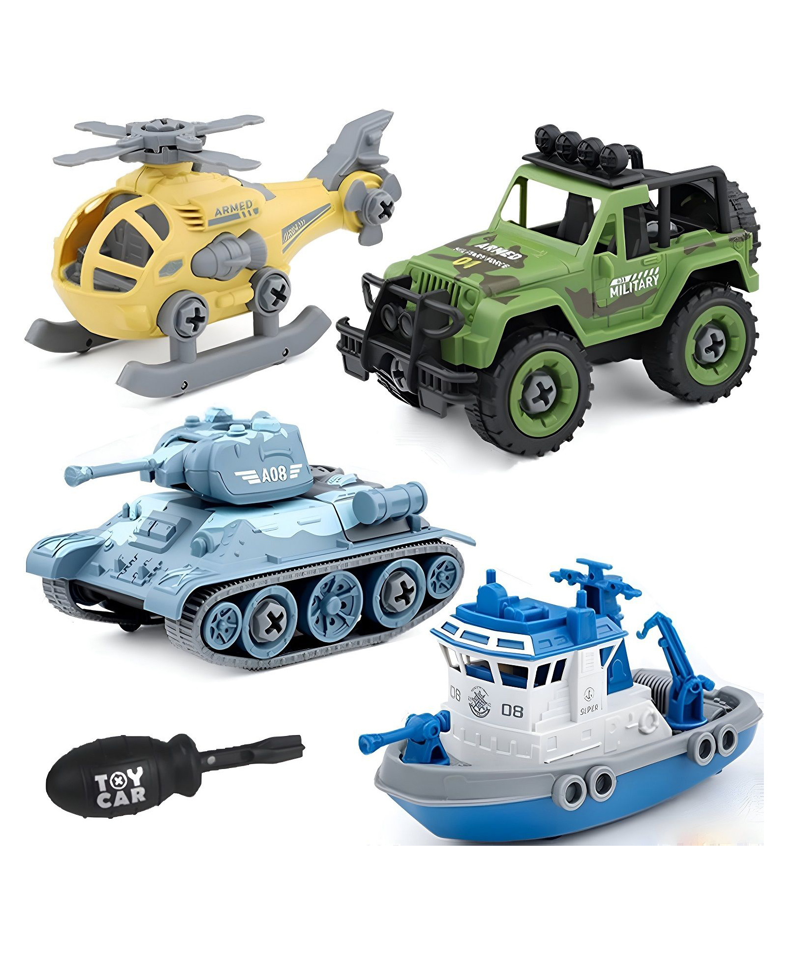 VELLIQUE Military Army Foldable Vehicles Car Toy 4 Pack with Screwdriver Toy DIY Toys Including Helicopter,Jeep,Tank and Boat for Toddlers Birthday Gifts for Boys 2 3 4 5 6 Year-image-15