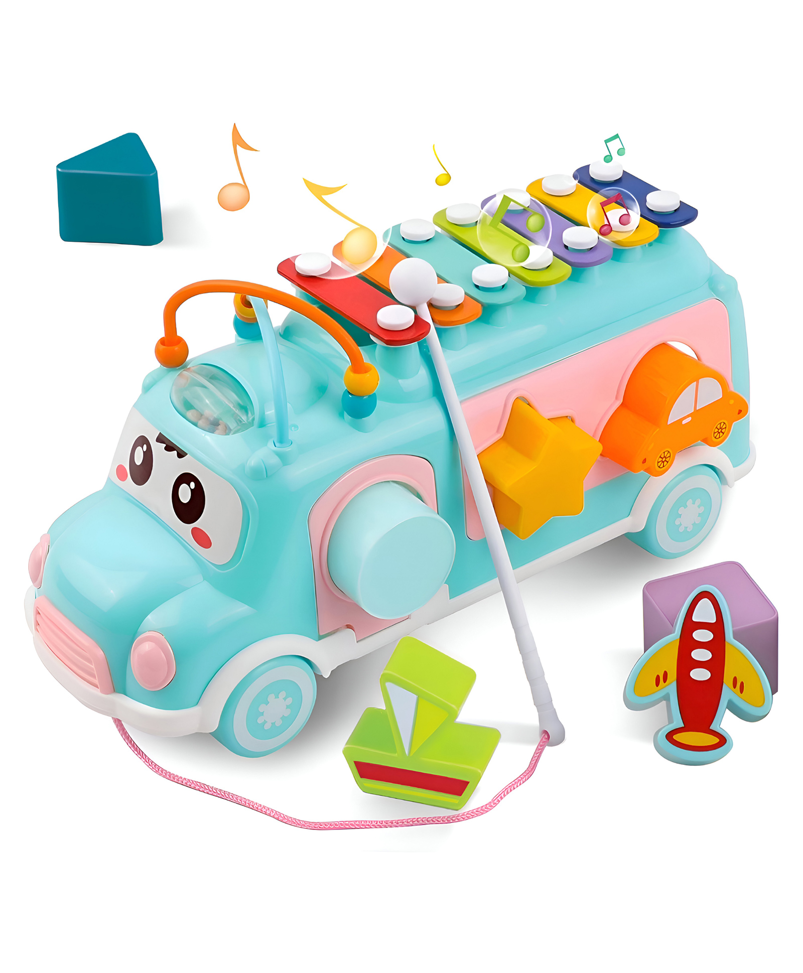 VELLIQUE Multiactivity Baby Toy Bus with Xylophone- Shape Sorter & Pull Along, Educational Toy for Babies & Toddlers- 8 Pcs -Blue-image-17