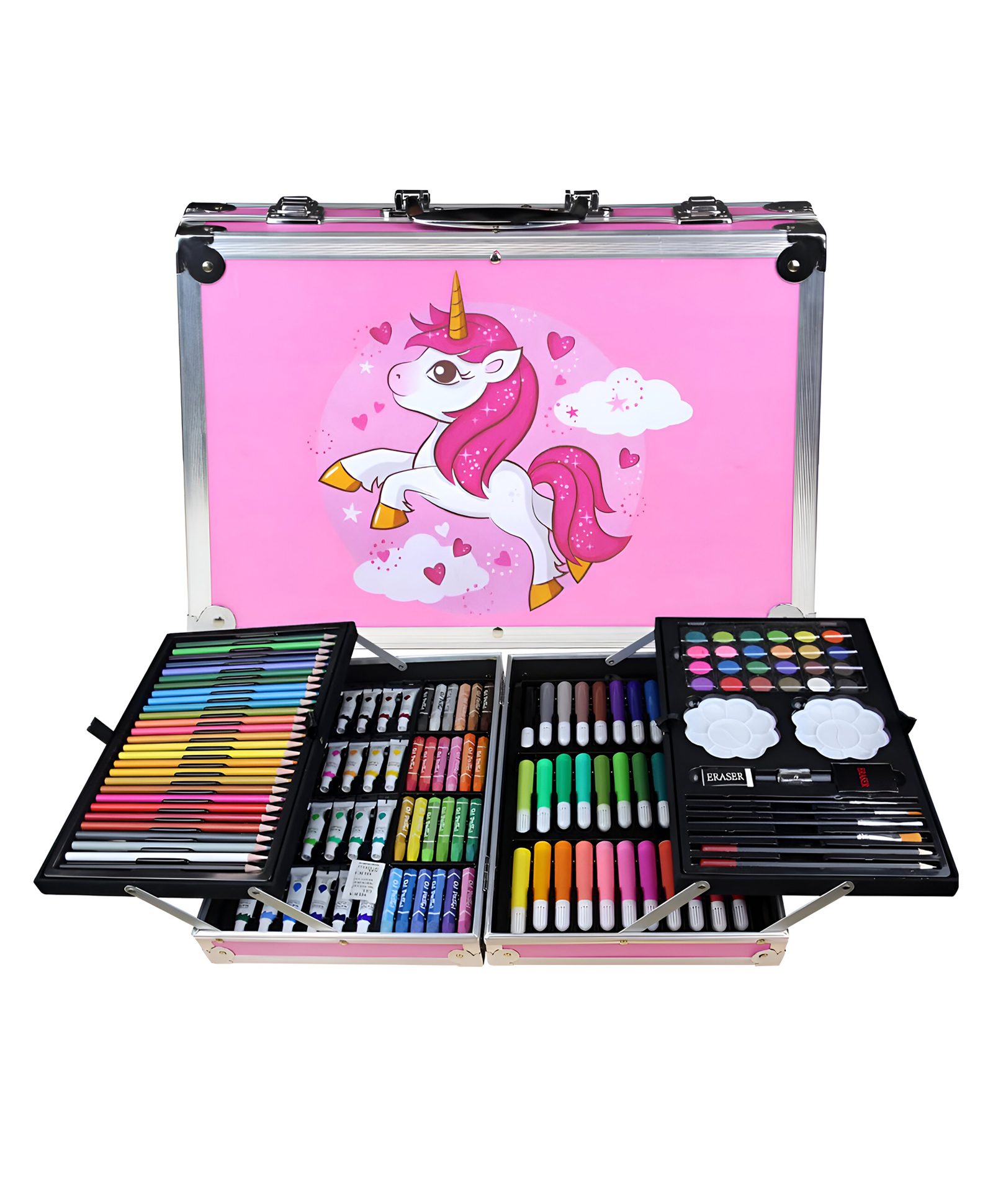 VELLIQUE Professional Art Set Drawing Painting Sketching Coloring Set All In 1 Art Set Includes Oil Pastels Colored Pencils & Pens Watercolors & More Unicorn Design Aluminium Case - 145 Pieces