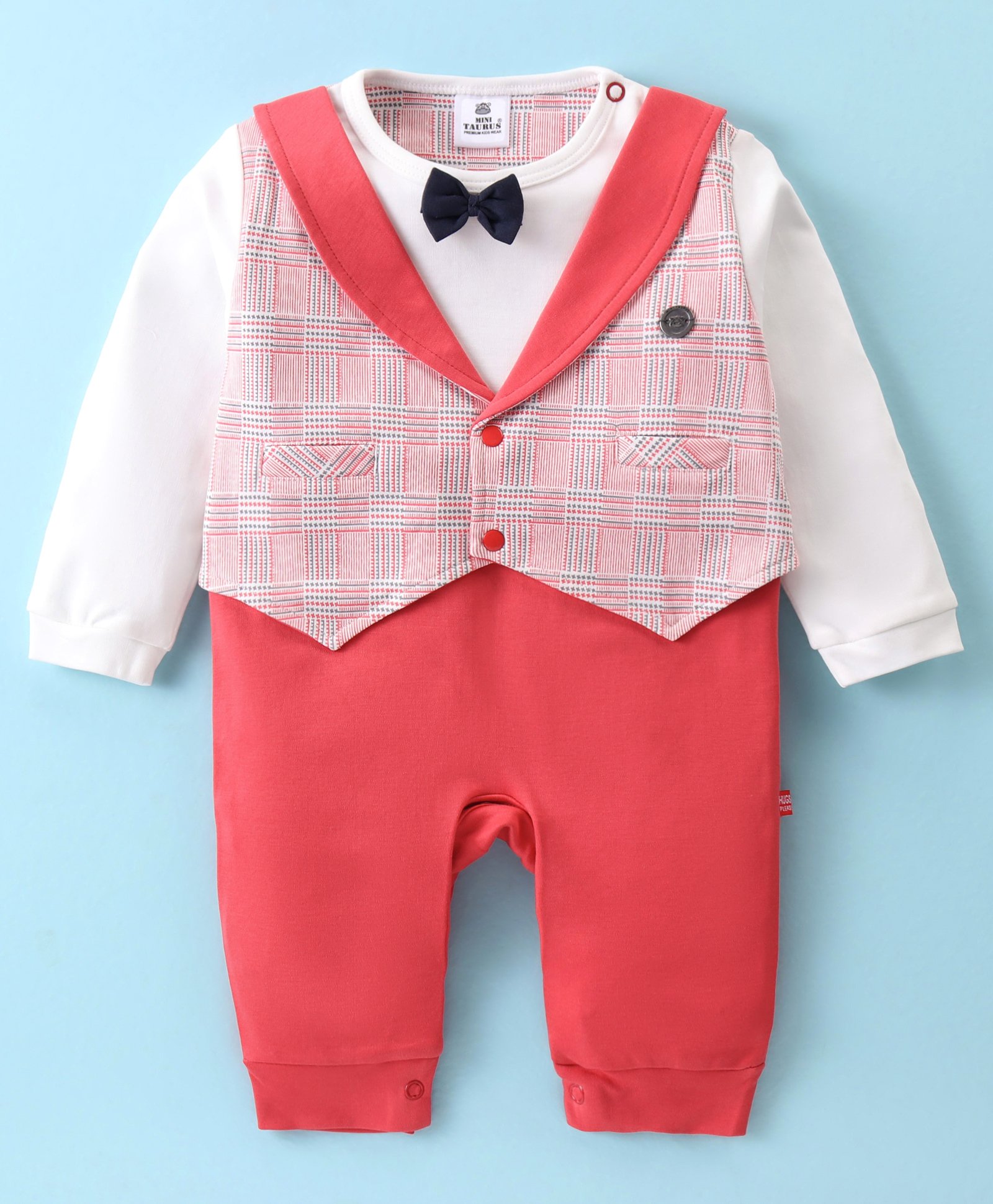 Mini Taurus Cotton Knit Full Sleeves Checked Party Romper With Bow Applique - Pink-image-42