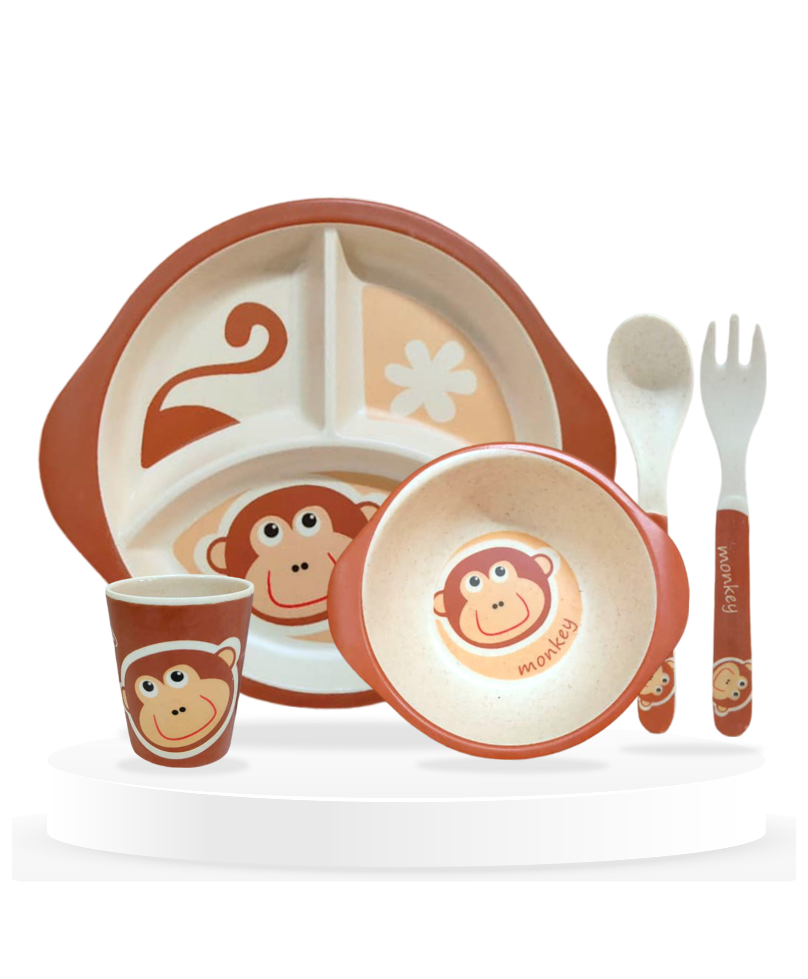 Bembika Baby Self Feeding Essential Baby Dinnerware Bamboo Fibre Dinner Set For Kids For Kids And Toddlers Monkey - Pack Of 5 (Brown)-picture-7