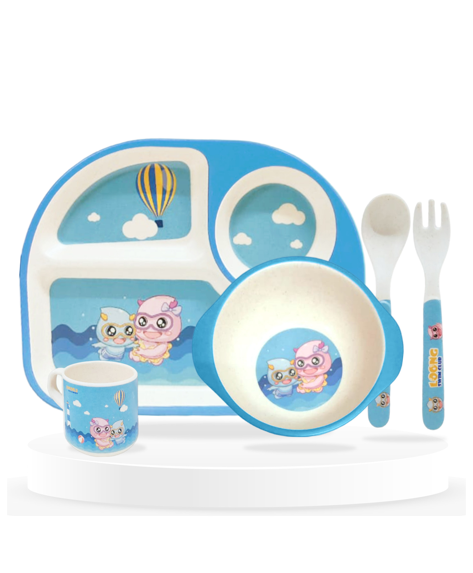 Bembika Baby Self Feeding Essential Baby Dinnerware Bamboo Fibre Dinner Set For Kids For Kids And Toddlers Cartoon Theme - Pack Of 5 (Sky Blue)-picture-11
