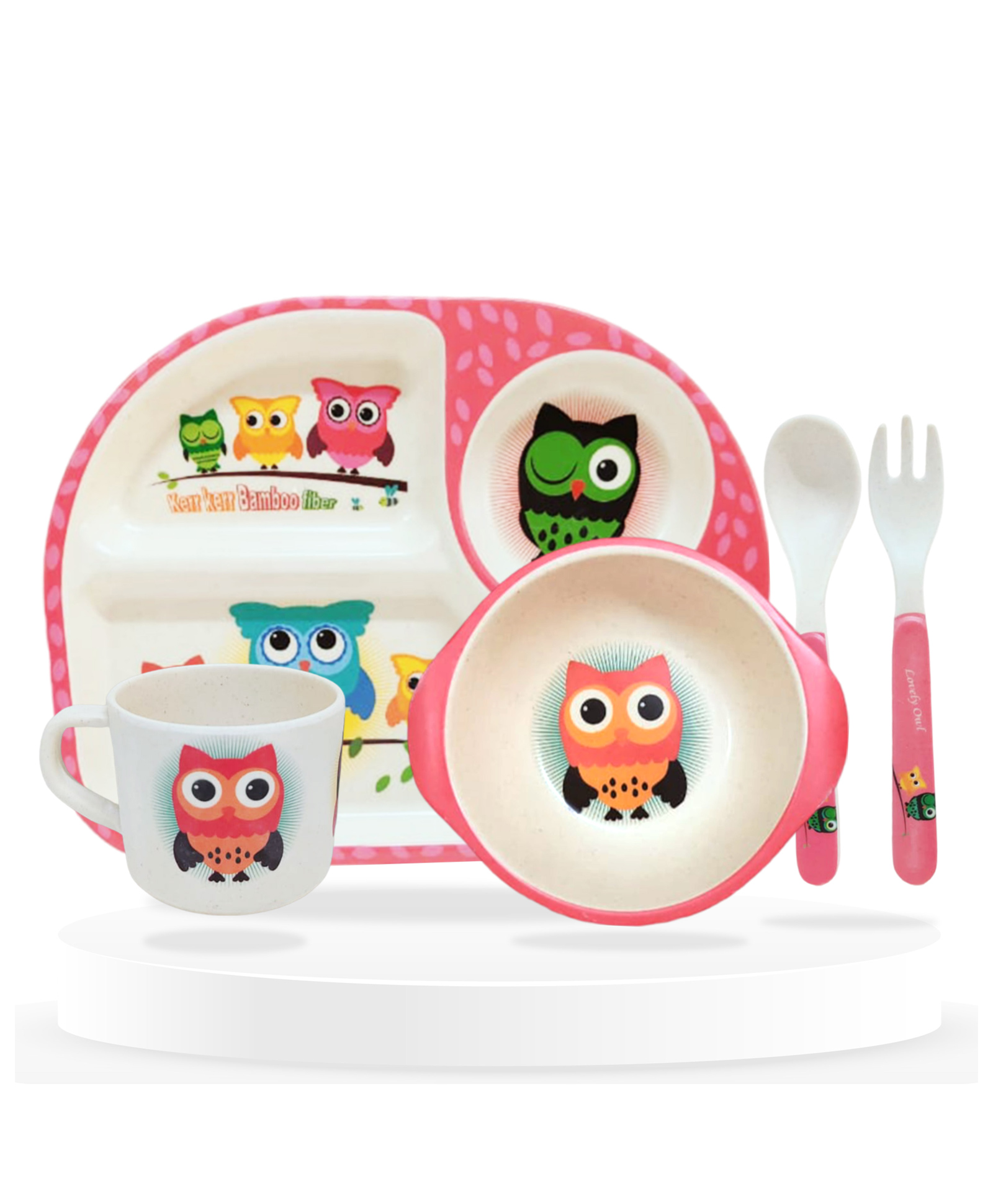 Bembika Baby Self Feeding Essential Baby Dinnerware Bamboo Fibre Dinner Set For Kids For Kids And Toddlers Owl Pack Of 5 -(Pink)-picture-20