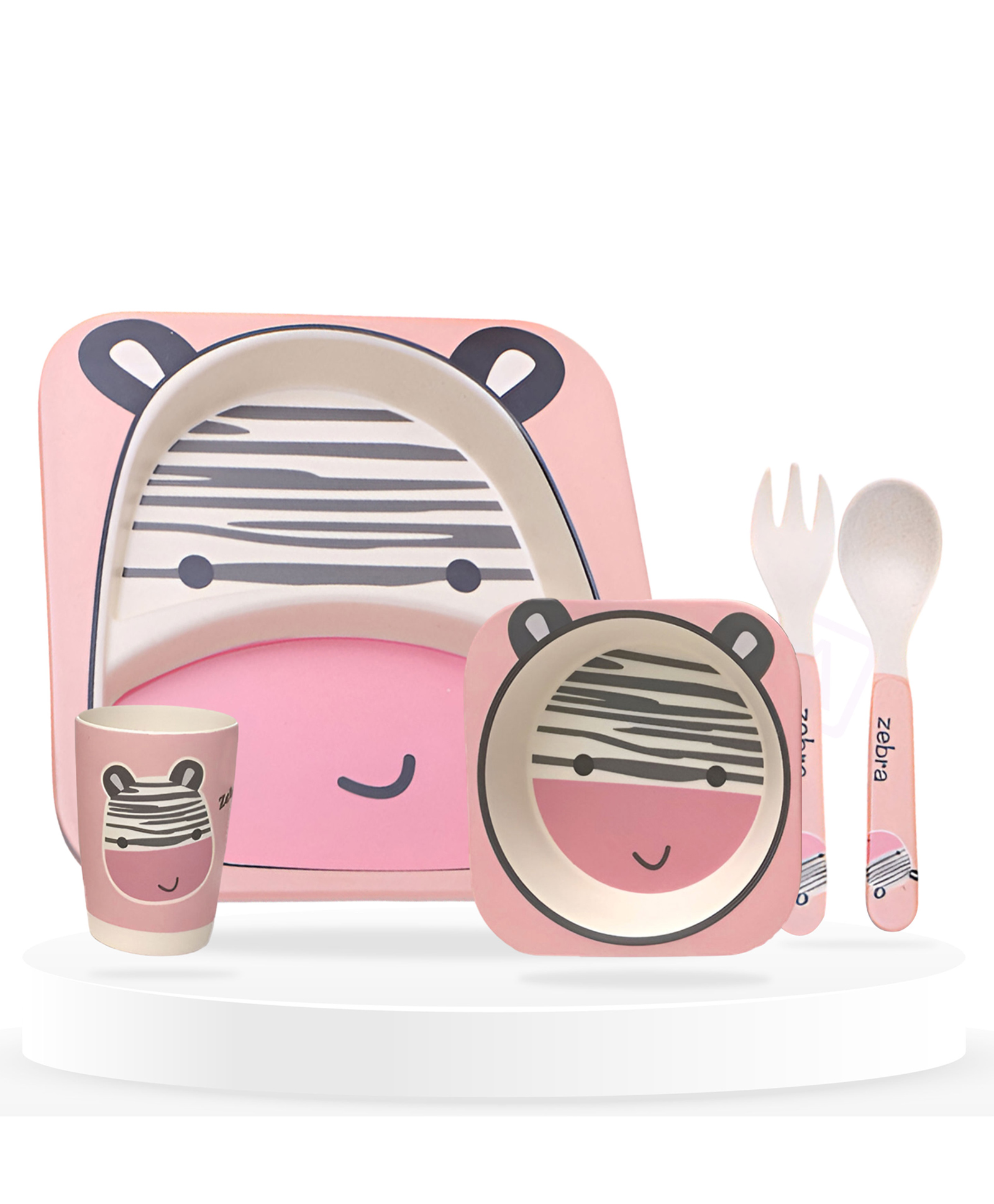 Bembika Baby Self Feeding Essential Baby Dinnerware Bamboo Fibre Dinner Set For Kids For Kids And Toddlers Cute Zebra Pack Of 5 -(Pink)-image-46
