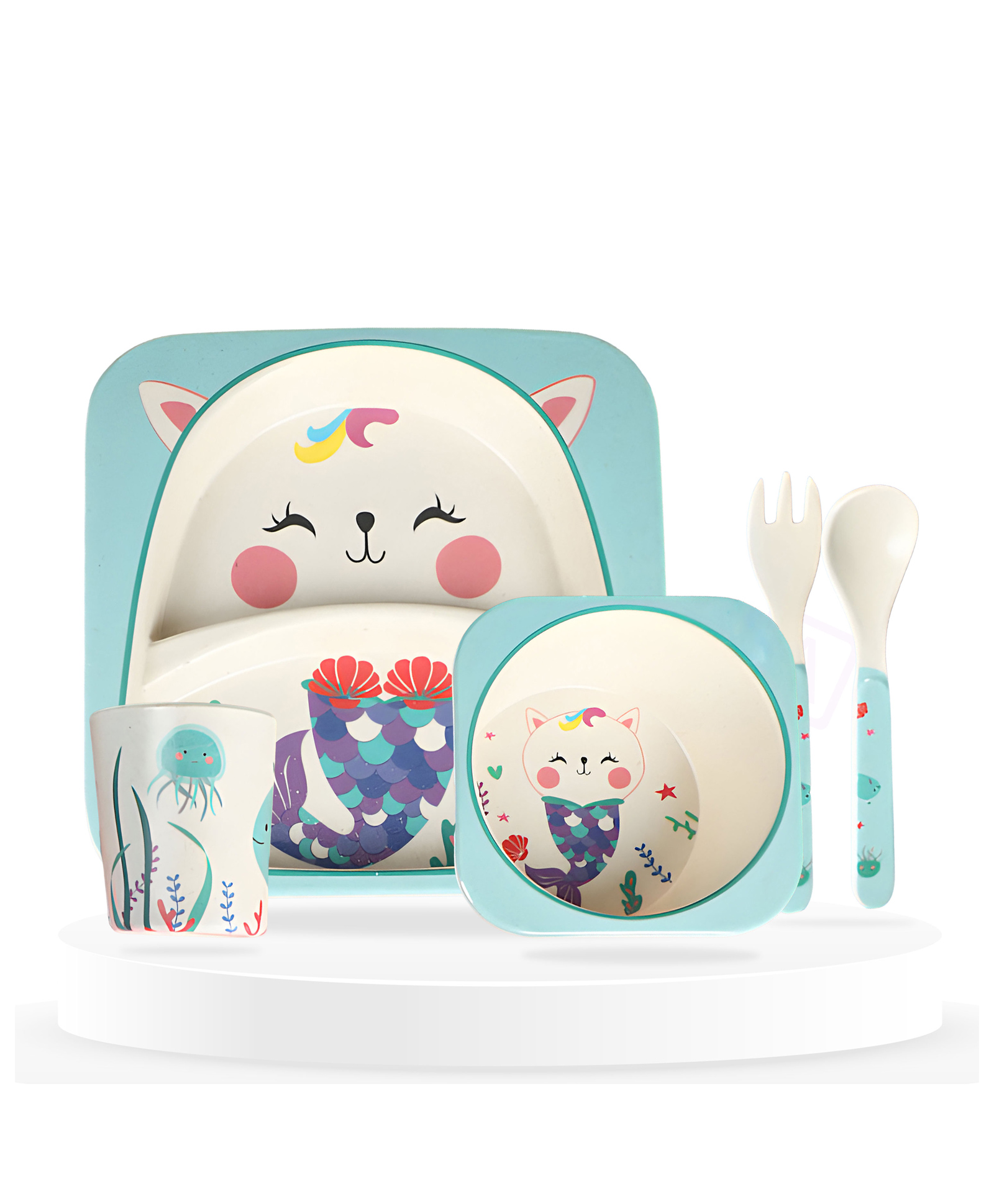 Bembika Baby Self Feeding Essential Baby Dinnerware Bamboo Fibre Dinner Set For Kids For Kids And Toddlers Cute Mermaid Pack Of 5 - (Sky Blue)-picture-10