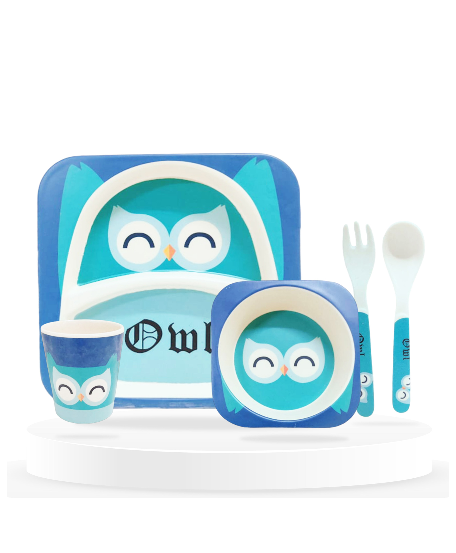 Bembika Baby Self Feeding Essential Baby Dinnerware Bamboo Fibre Dinner Set For Kids For Kids And Toddlers Cute Owl Pack Of 5 - (Blue)-picture-15