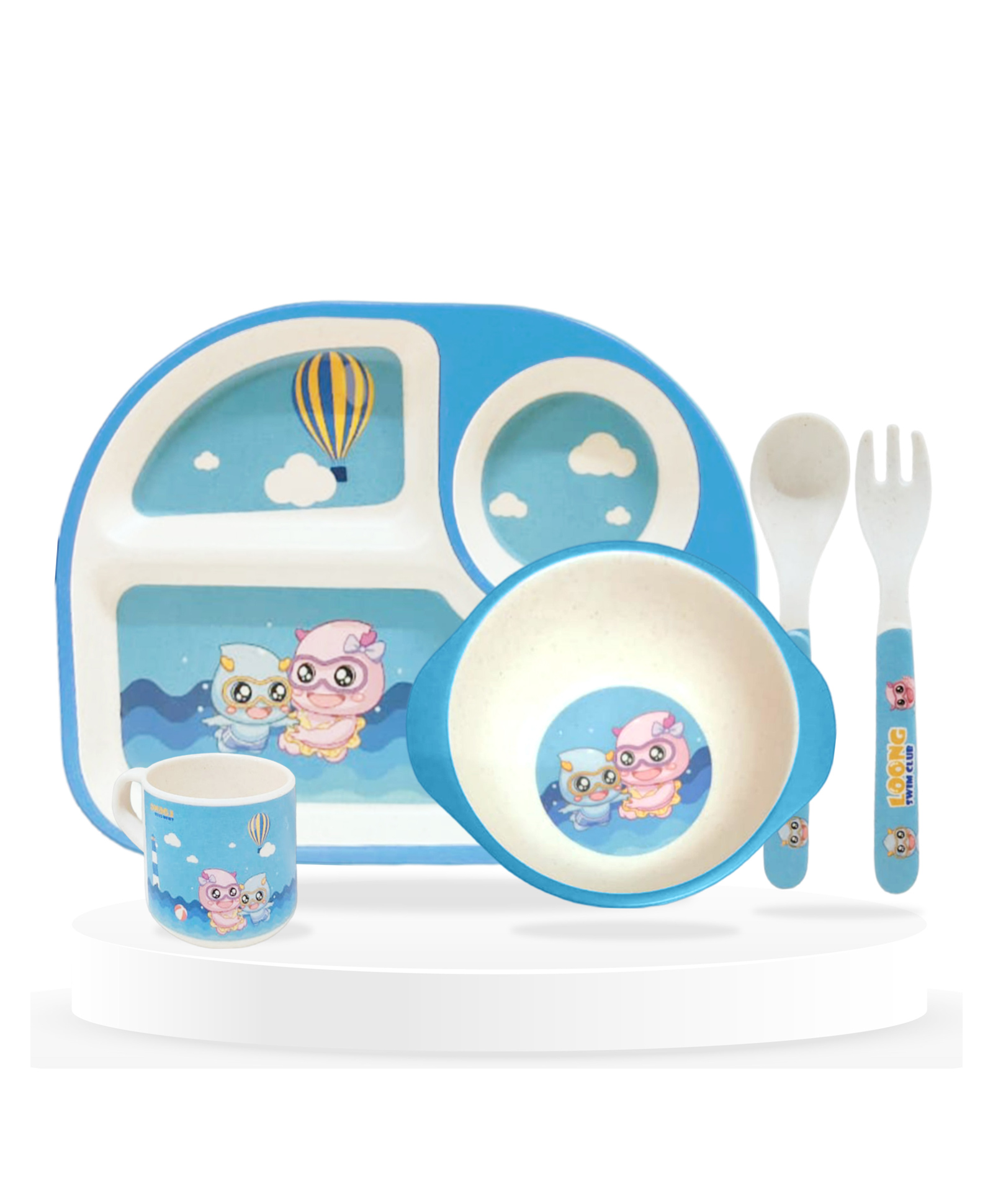 Bembika Baby Self Feeding Essential Baby Dinnerware Bamboo Fibre Dinner Set For Kids For Kids And Toddlers Cartoon Theme - Pack Of 5 (Sky Blue)-image-48