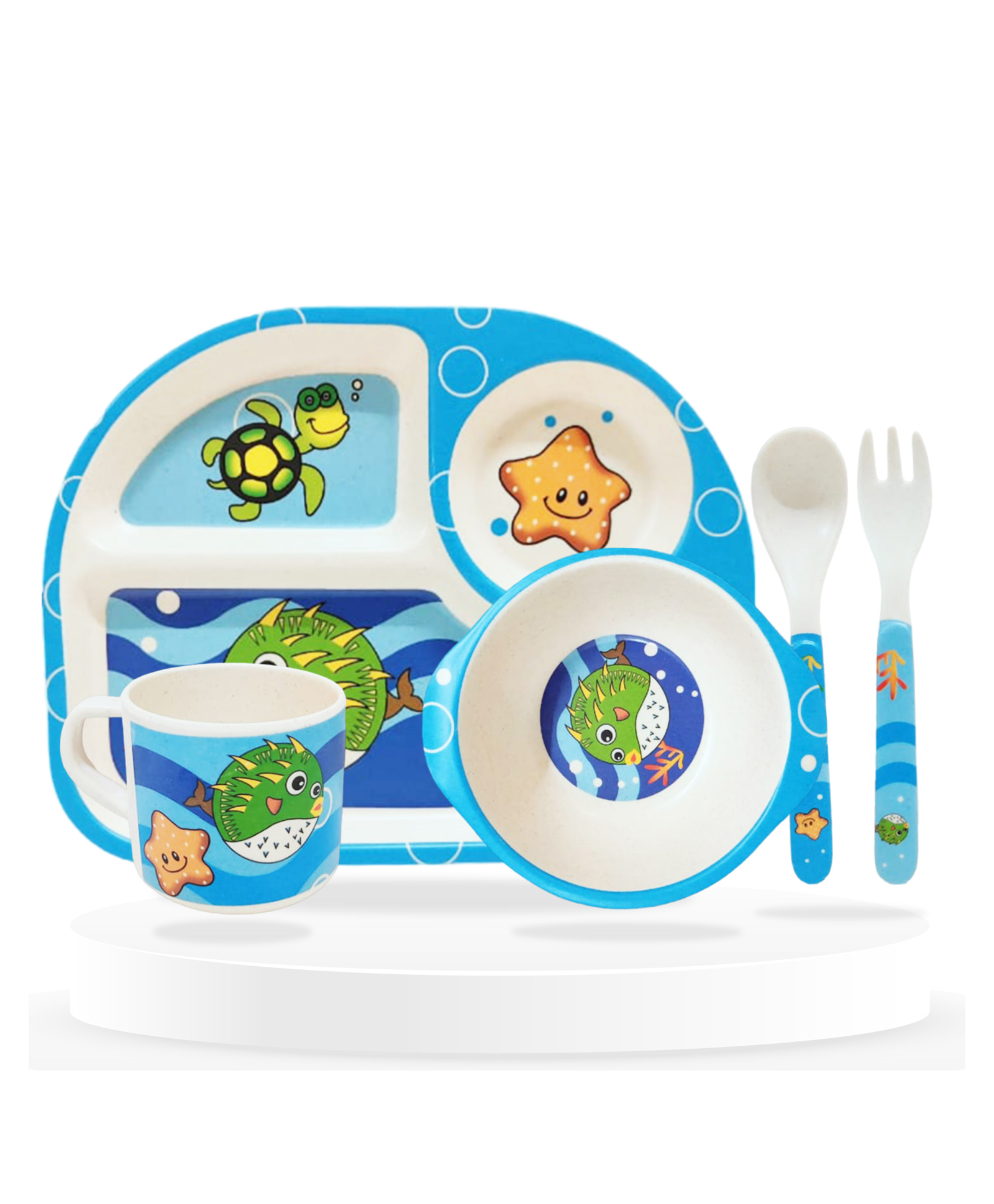 Bembika Baby Self Feeding Essential Baby Dinnerware Bamboo Fibre Dinner Set For Kids For Kids And Toddlers Aquatic Theme - Pack Of 5 (Sky Blue)-image-49