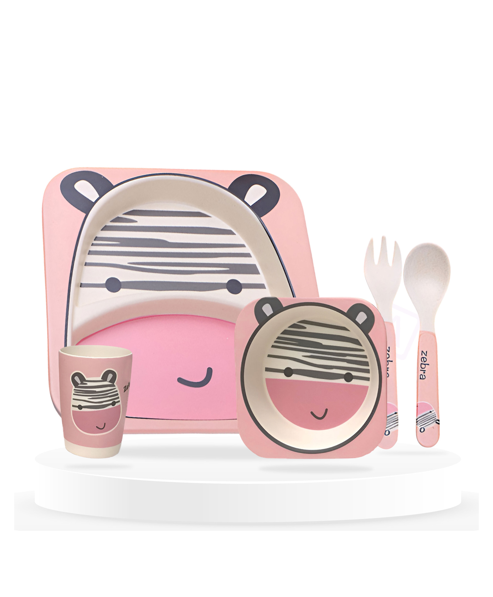 Bembika Baby Self Feeding Essential Baby Dinnerware Bamboo Fibre Dinner Set For Kids For Kids And Toddlers Cute Zebra - Pack Of 5 (Pink)-image-47