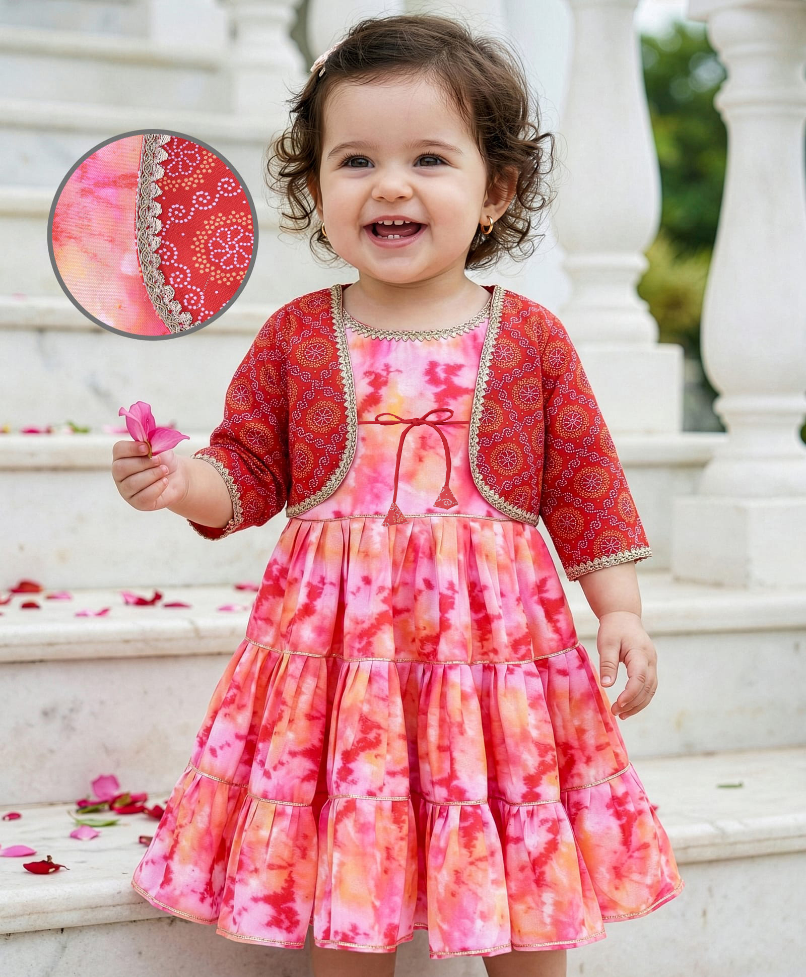 Babyoye Woven Tie & Dye Printed Dress with Three Fourth Sleeves Jacket - Pink-image-7