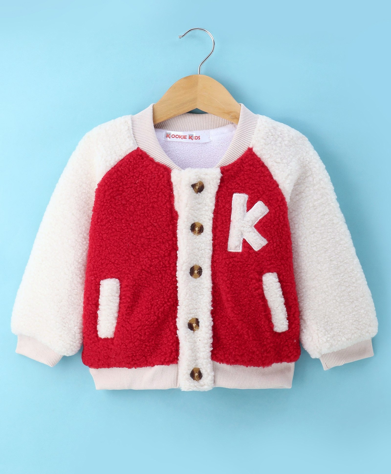 Kookie Kids Full Raglan Sleeves Front Open Winter Fur Jacket With Alphabet Embroidery - Red-image-29